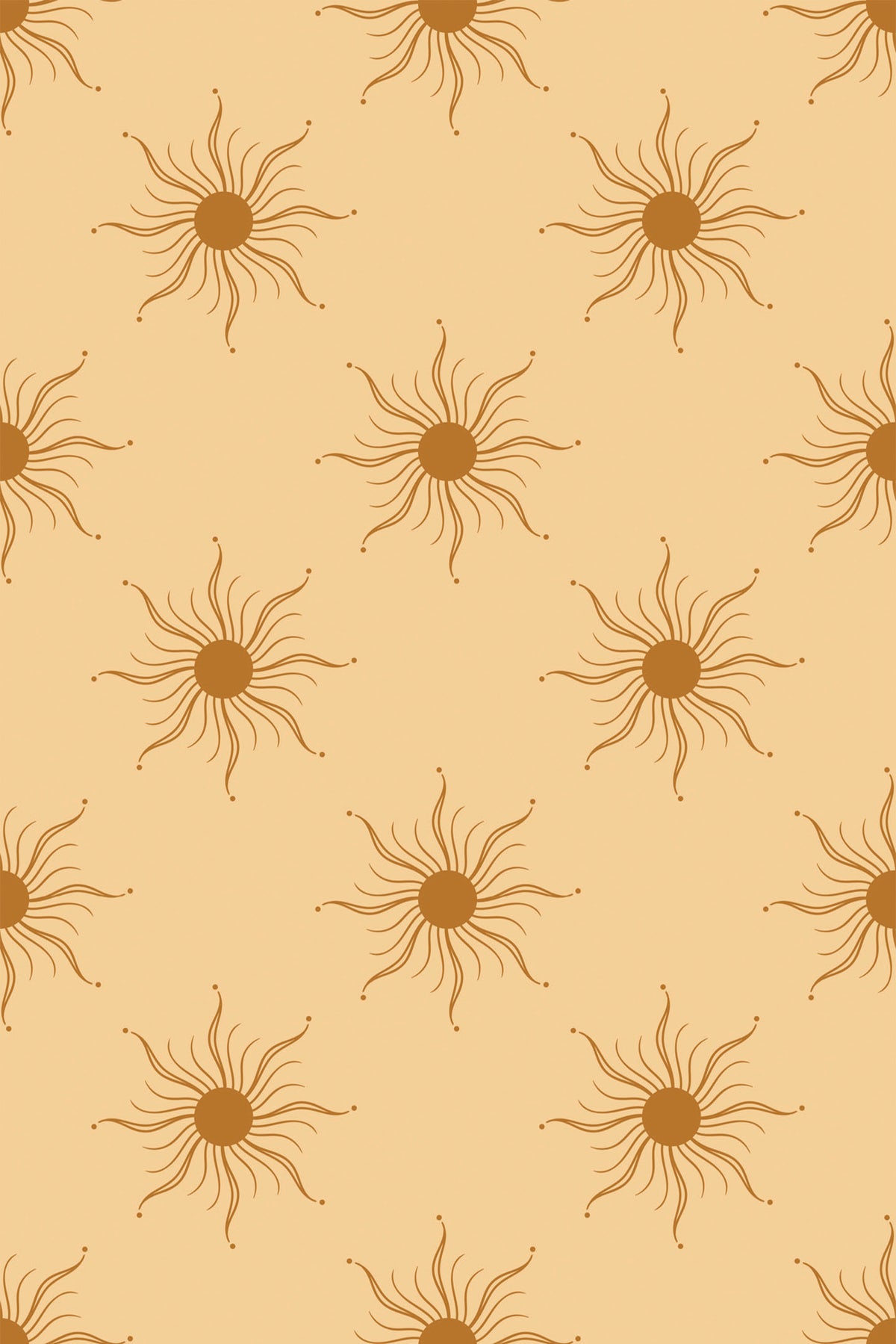 Radiant Sun Motifs removable wallpaper with repeating brown sunbursts and wavy rays on a light tan background.
