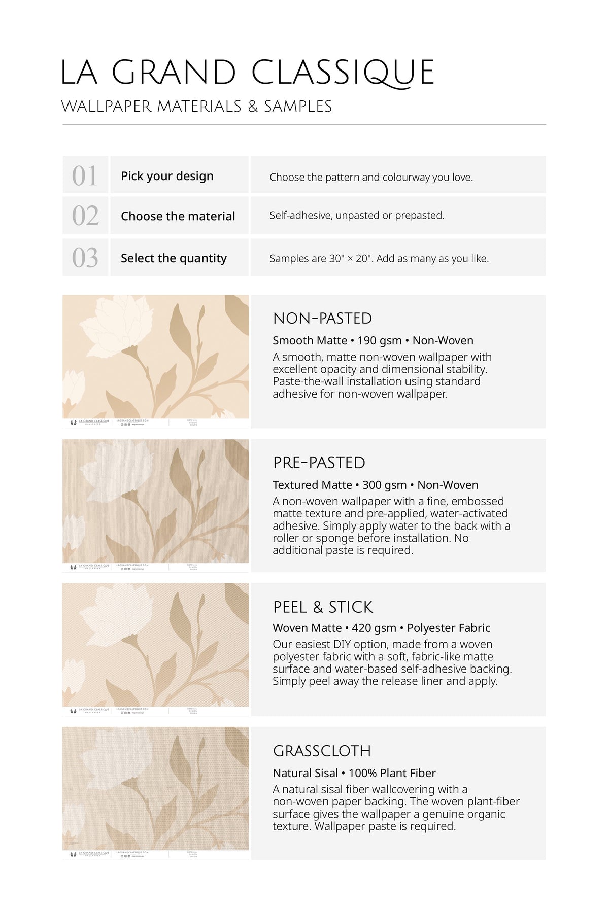 Soft Floral Vines wallpaper material guide showing non-pasted, pre-pasted, peel & stick, and grasscloth options.