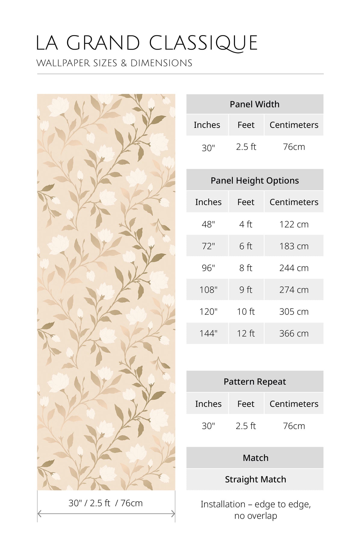 Soft Floral Vines non-pasted wallpaper dimensions, showing a 30 in panel width and a panel height options chart.