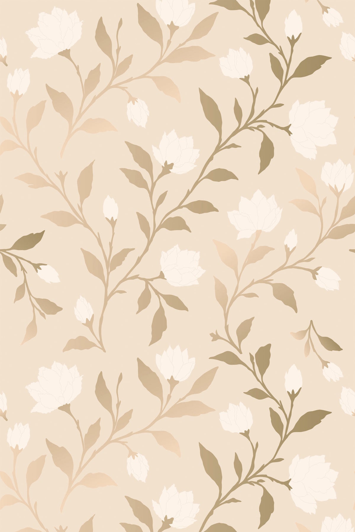 Soft Floral Vines removable wallpaper with beige vine branches and white blossoms on a warm cream background.