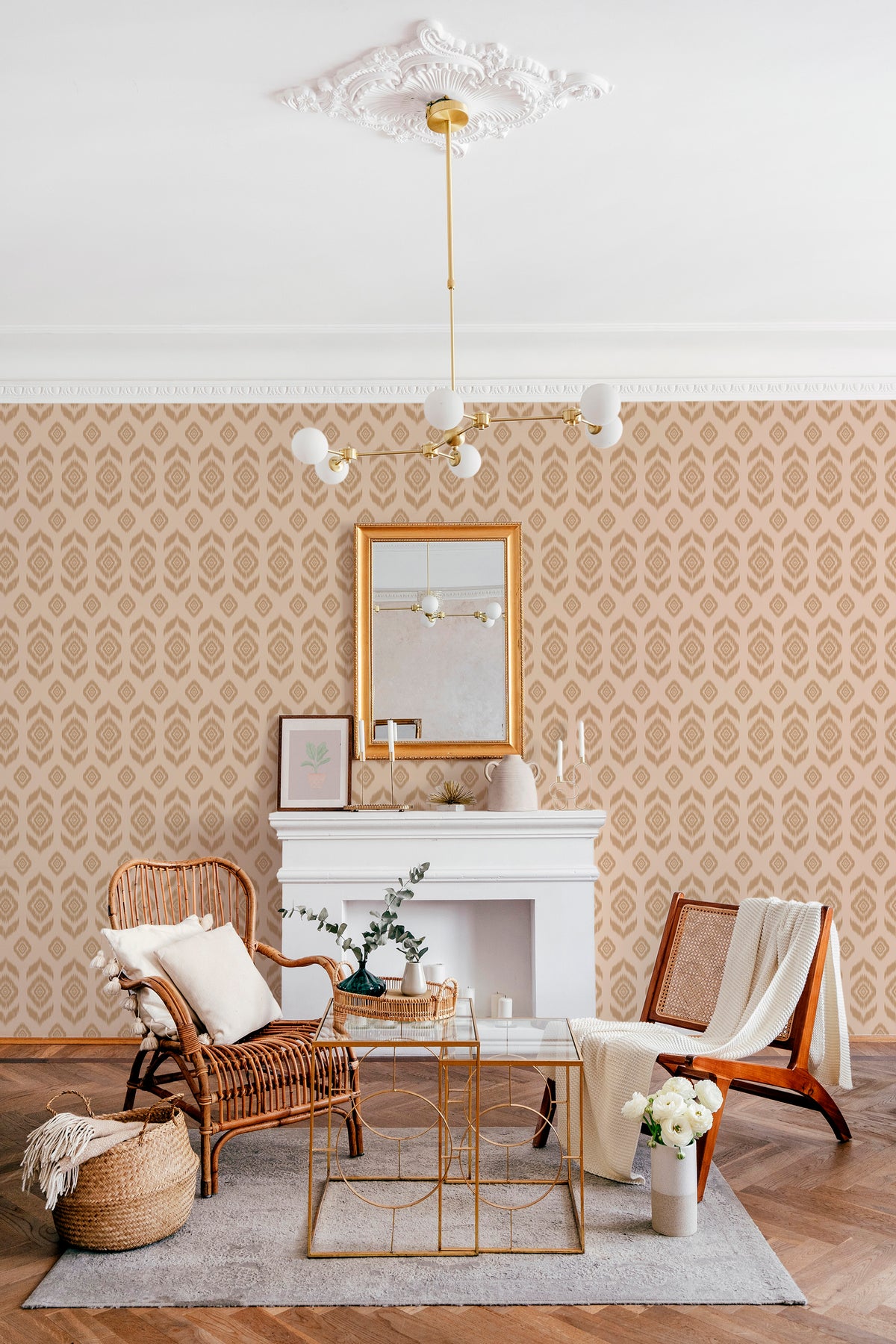 Rustic Ikat Medallions grasscloth wallpaper in a living room, tan ikat medallion repeat across the wall.