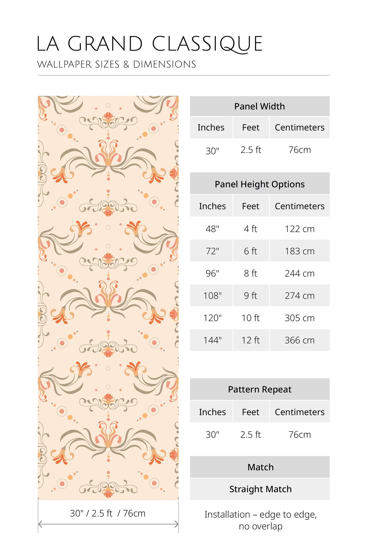 Atelier Damask wallpaper dimensions chart with 30 in panel width, height options, 30 in repeat, straight match.
