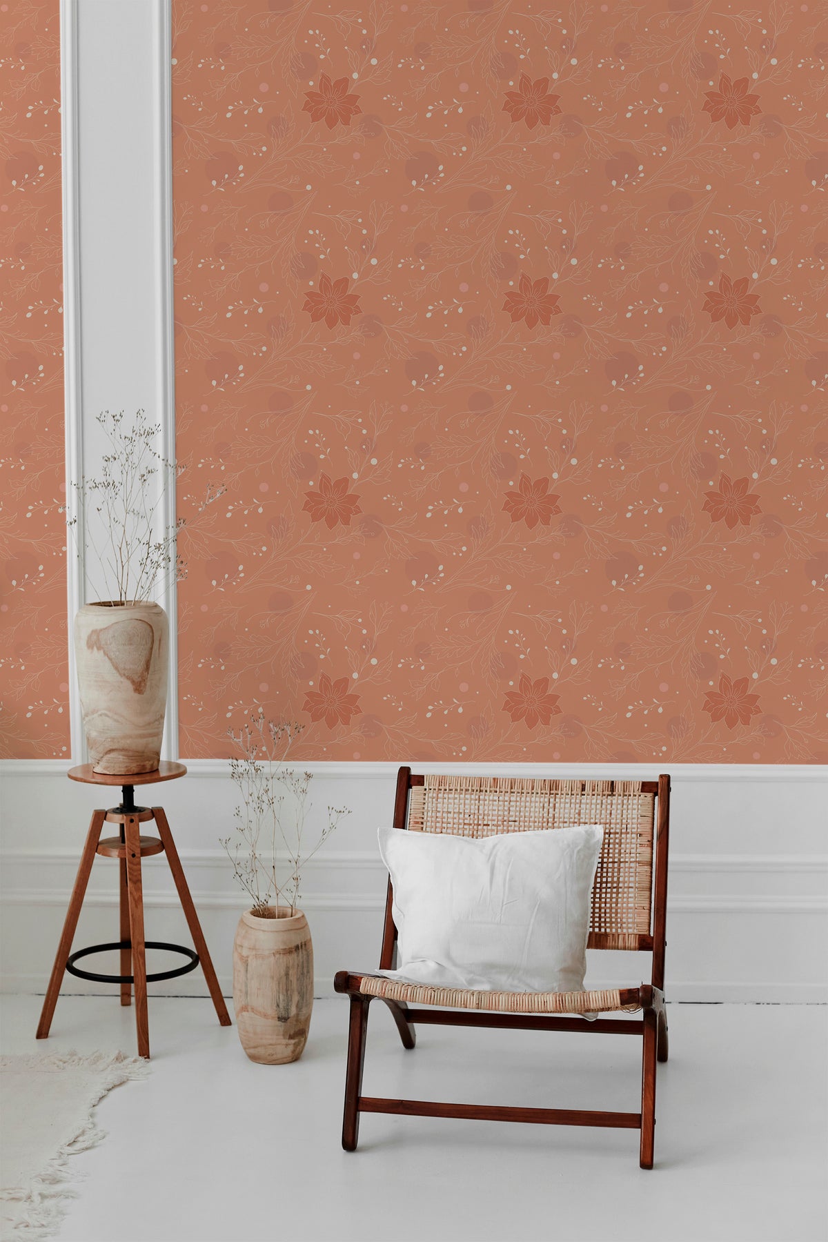 Delicate Floral Sprigs grasscloth wallpaper on a bedroom wall with an allover floral line-art pattern on terracotta.