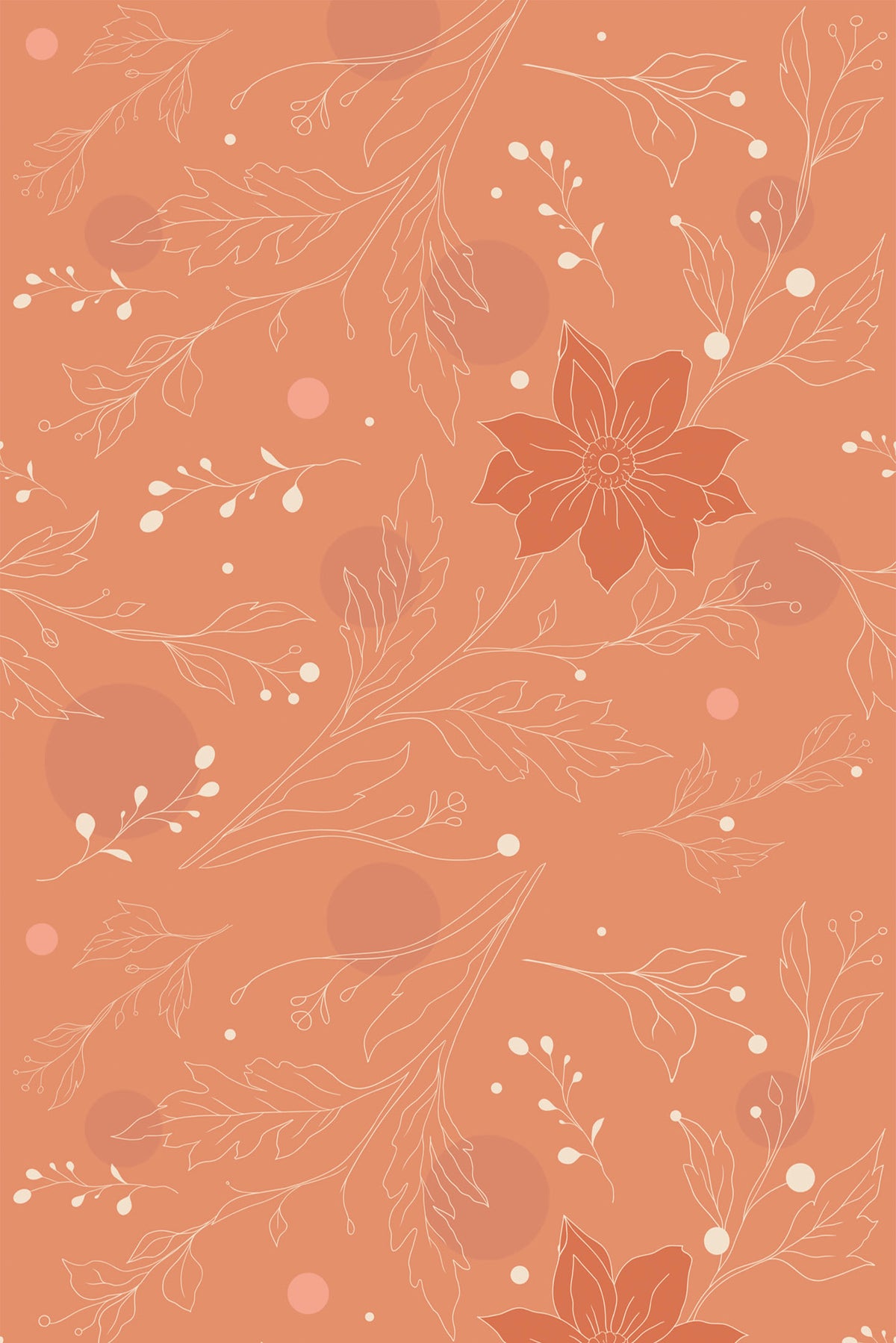 Delicate Floral Sprigs removable wallpaper with white line-art flowers, leaves, and berries on a terracotta background.