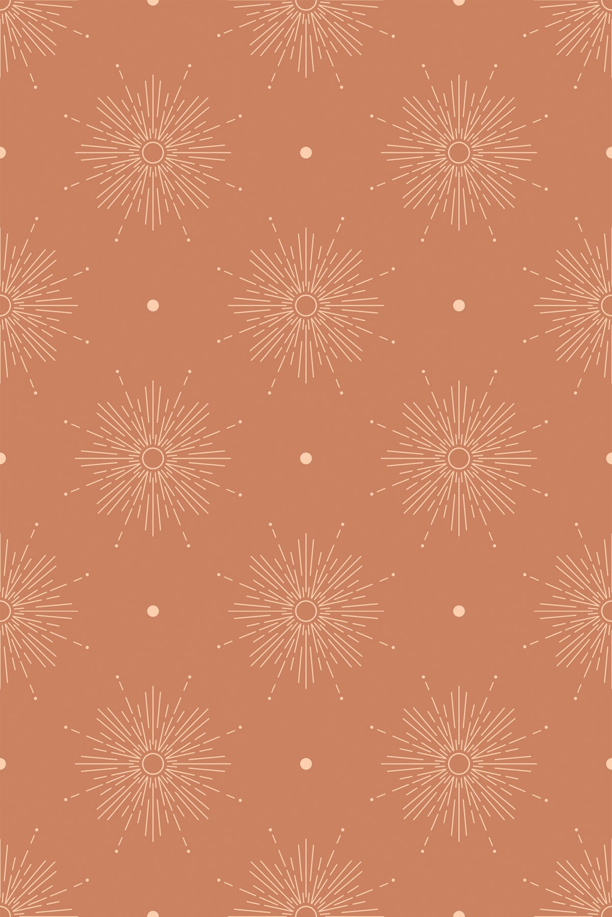 Radiant Sunbursts removable wallpaper with cream sunburst line motifs and dots on a terracotta ground.