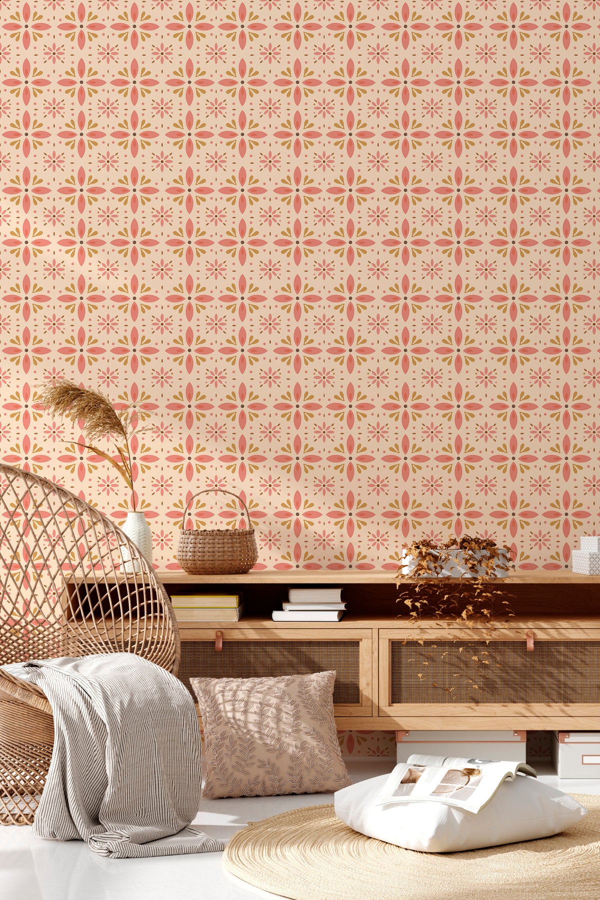 Floralia Medallion peel and stick wallpaper on a bedroom wall with coral floral motifs on warm beige.