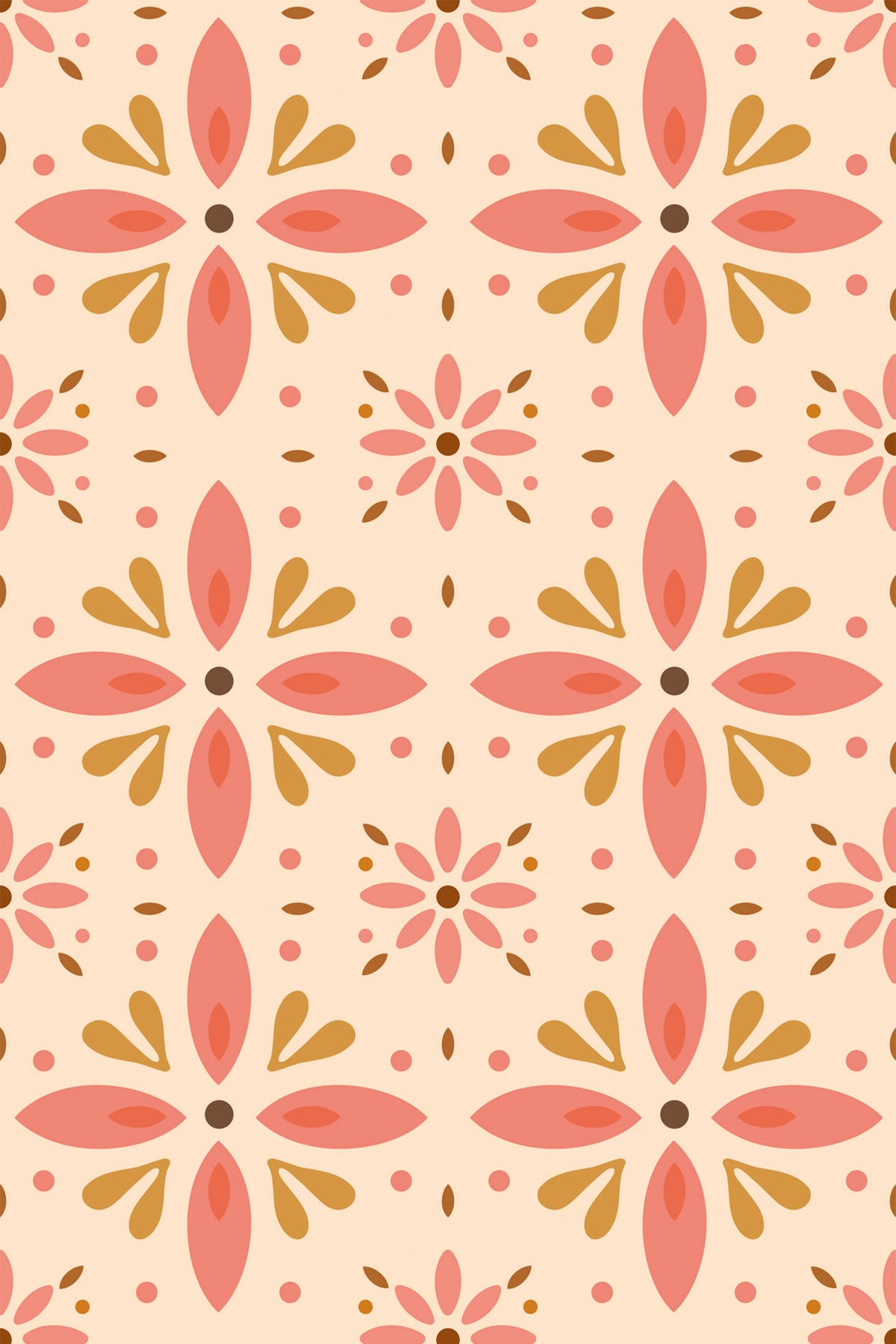 Floralia Medallion removable wallpaper with repeating floral medallions in coral pink and tan on a pale blush ground.