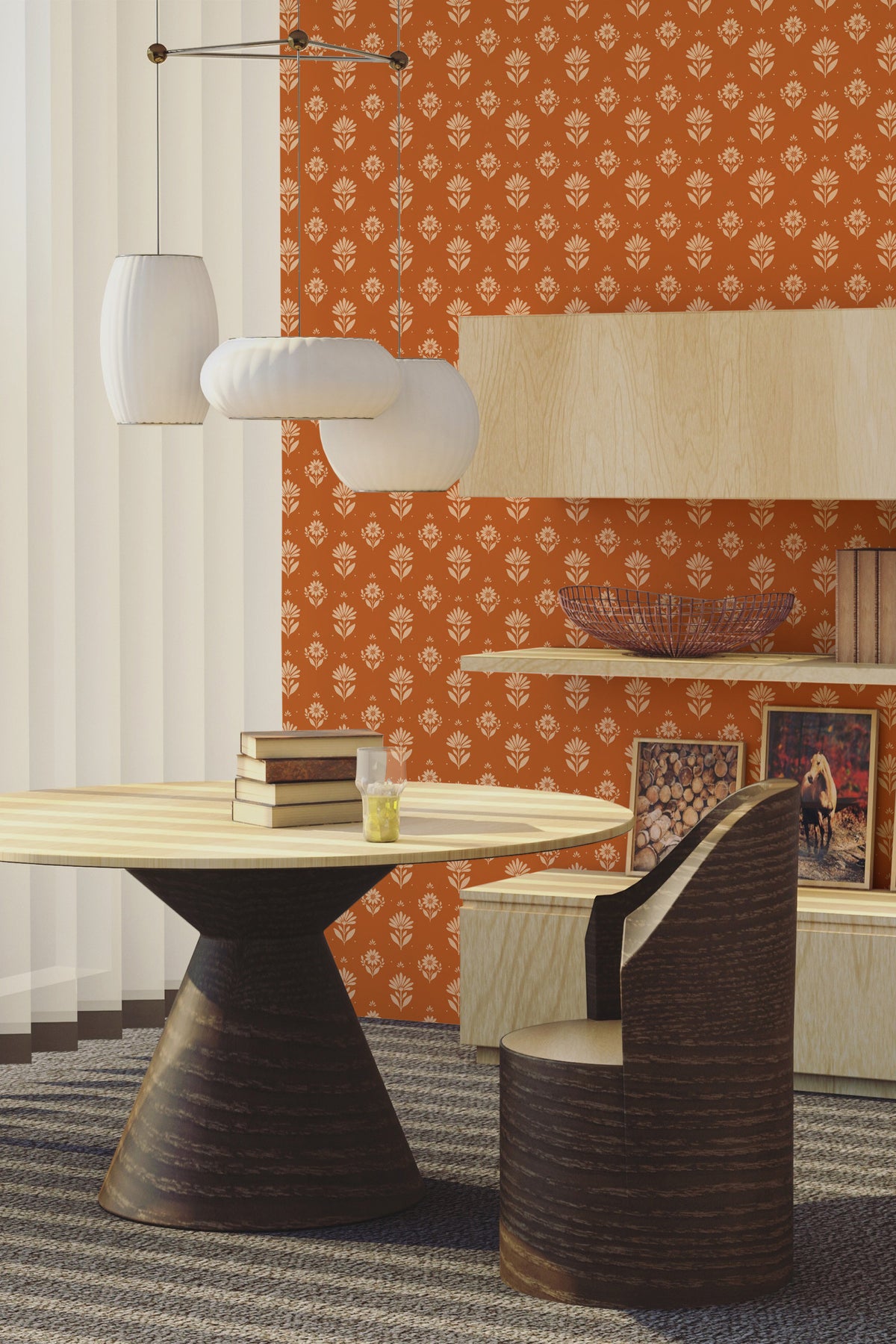 Bold Floral Sprigs peel and stick wallpaper on a dining room wall, white sprig motifs on rust orange.