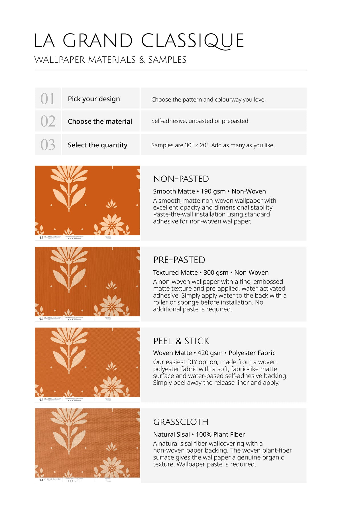 Bold Floral Sprigs wallpaper materials and samples guide showing non-pasted, pre-pasted, peel & stick, and grasscloth.