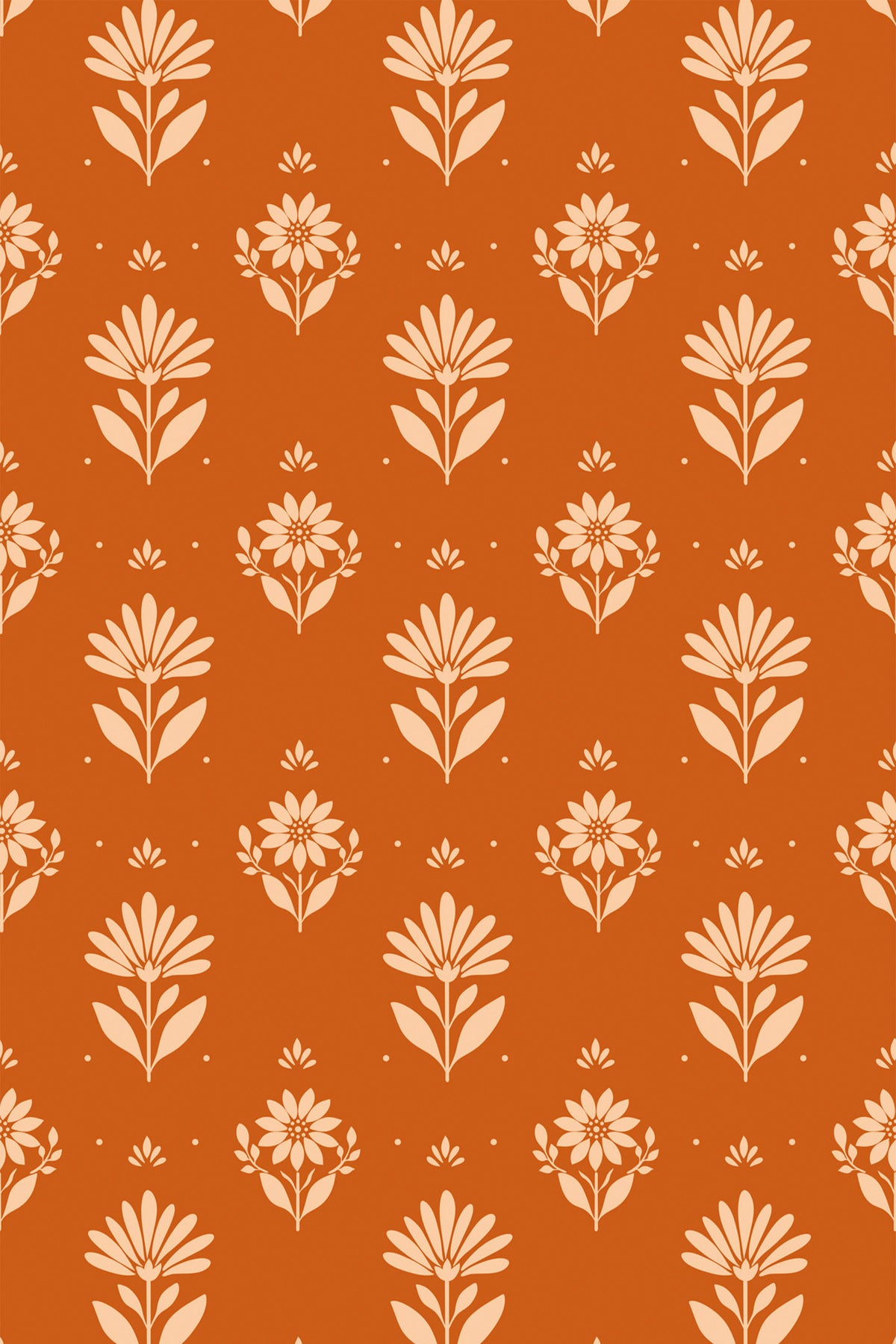 Bold Floral Sprigs removable wallpaper with cream floral sprig motifs in an open repeat on a burnt orange ground.