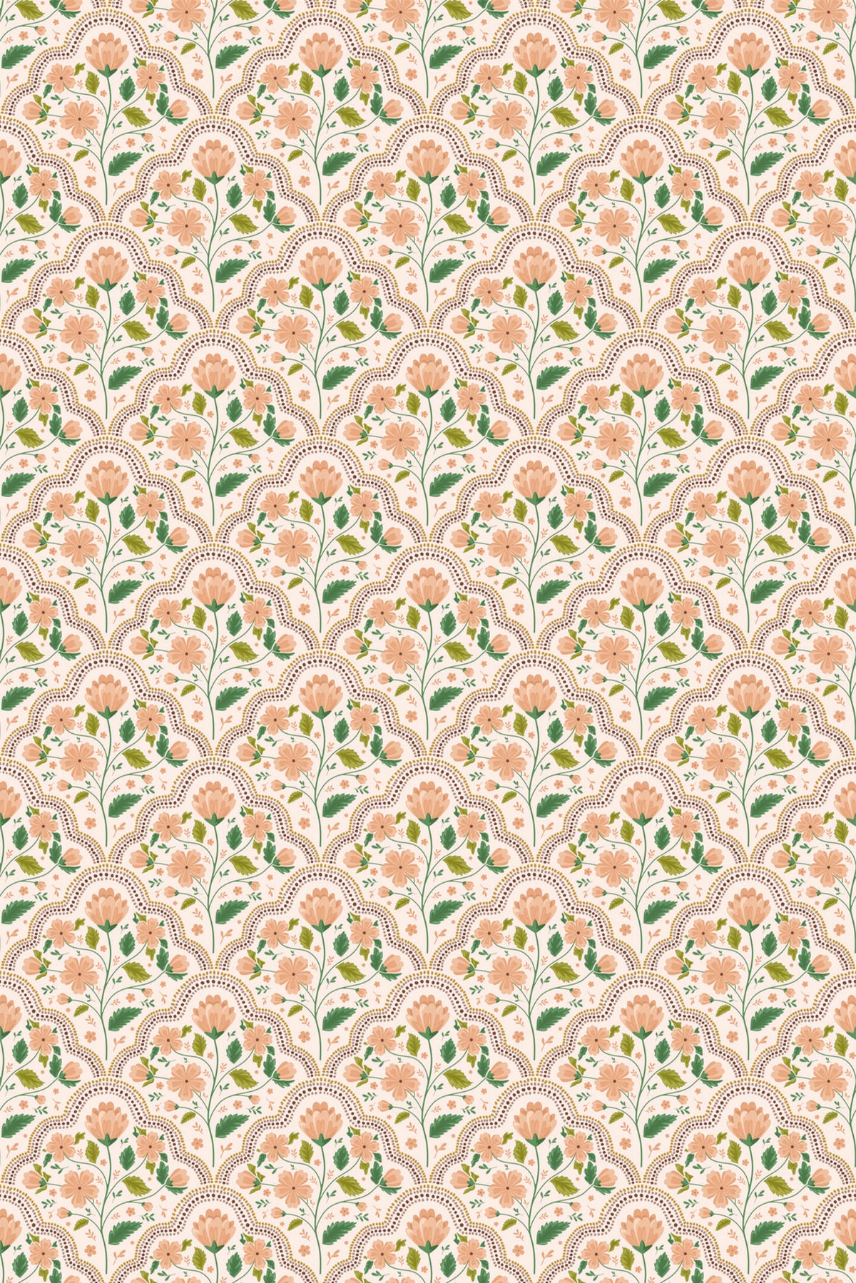 Ornate Trellis removable wallpaper with scalloped dotted arches and peach florals with green leaves on cream.