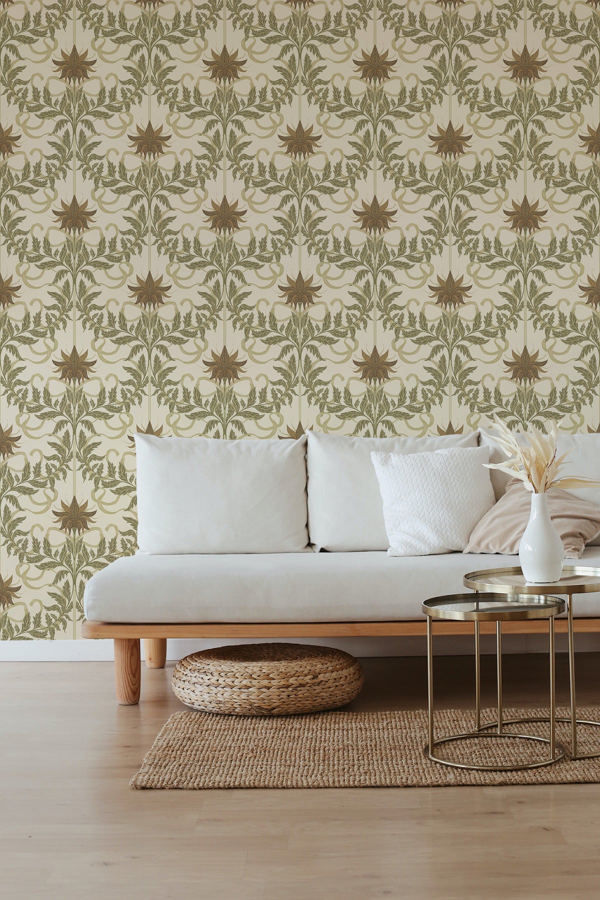 Floral Vine Damask non-pasted wallpaper in a living room, shown as a full-wall view with green and brown damask motifs.
