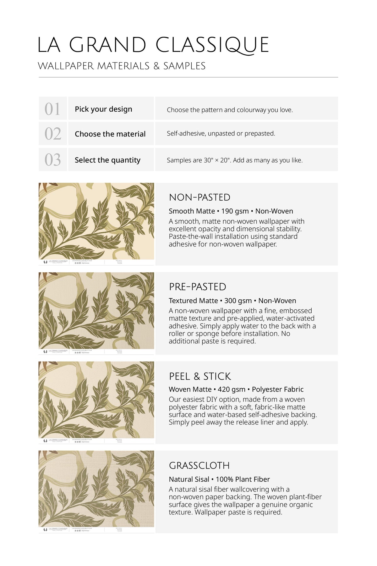 Floral Vine Damask wallpaper materials and samples chart comparing non-pasted, pre-pasted, peel & stick, and grasscloth