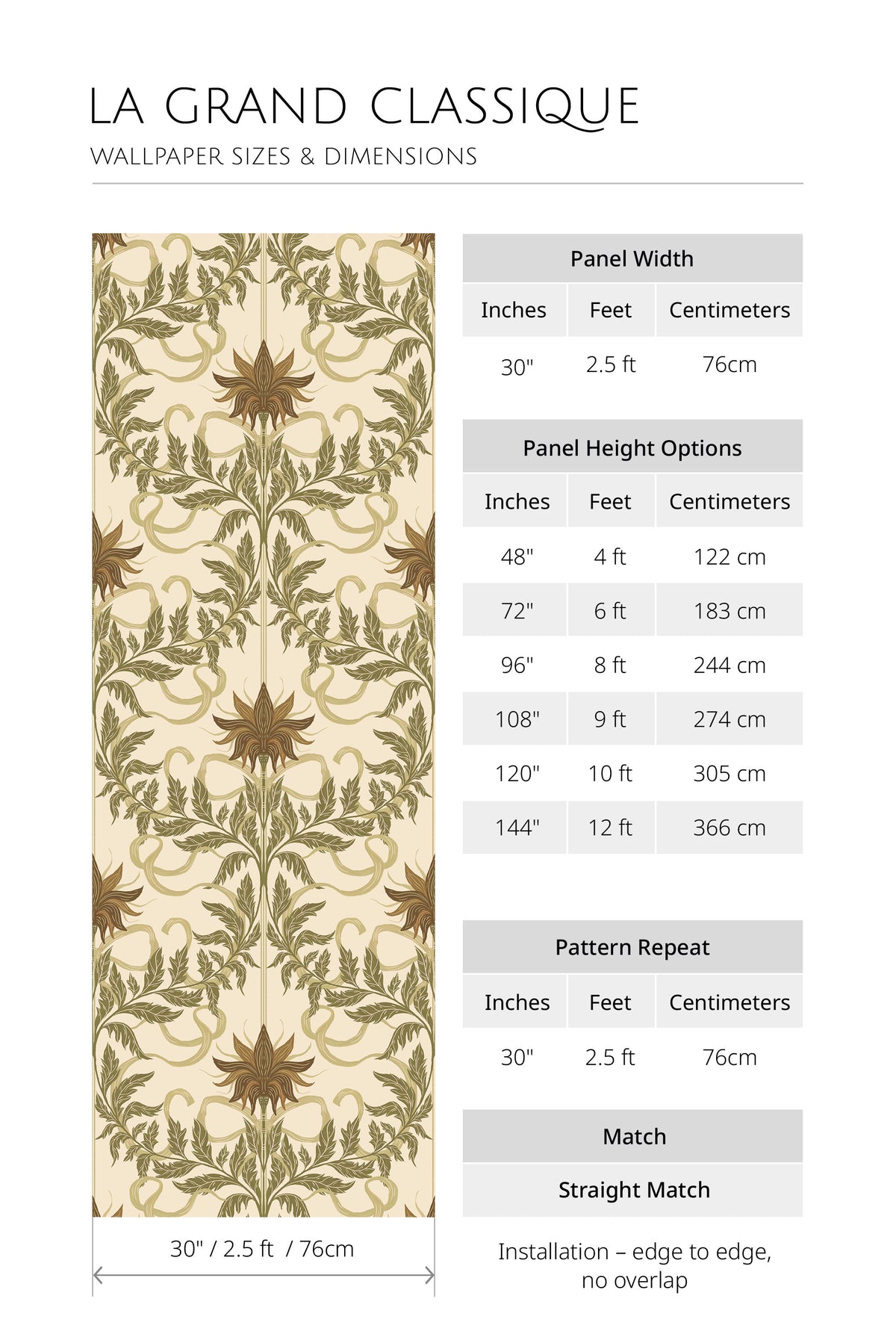 Floral Vine Damask self-adhesive wallpaper size chart with 30 in panel width, height options, 30 in repeat, straight match.