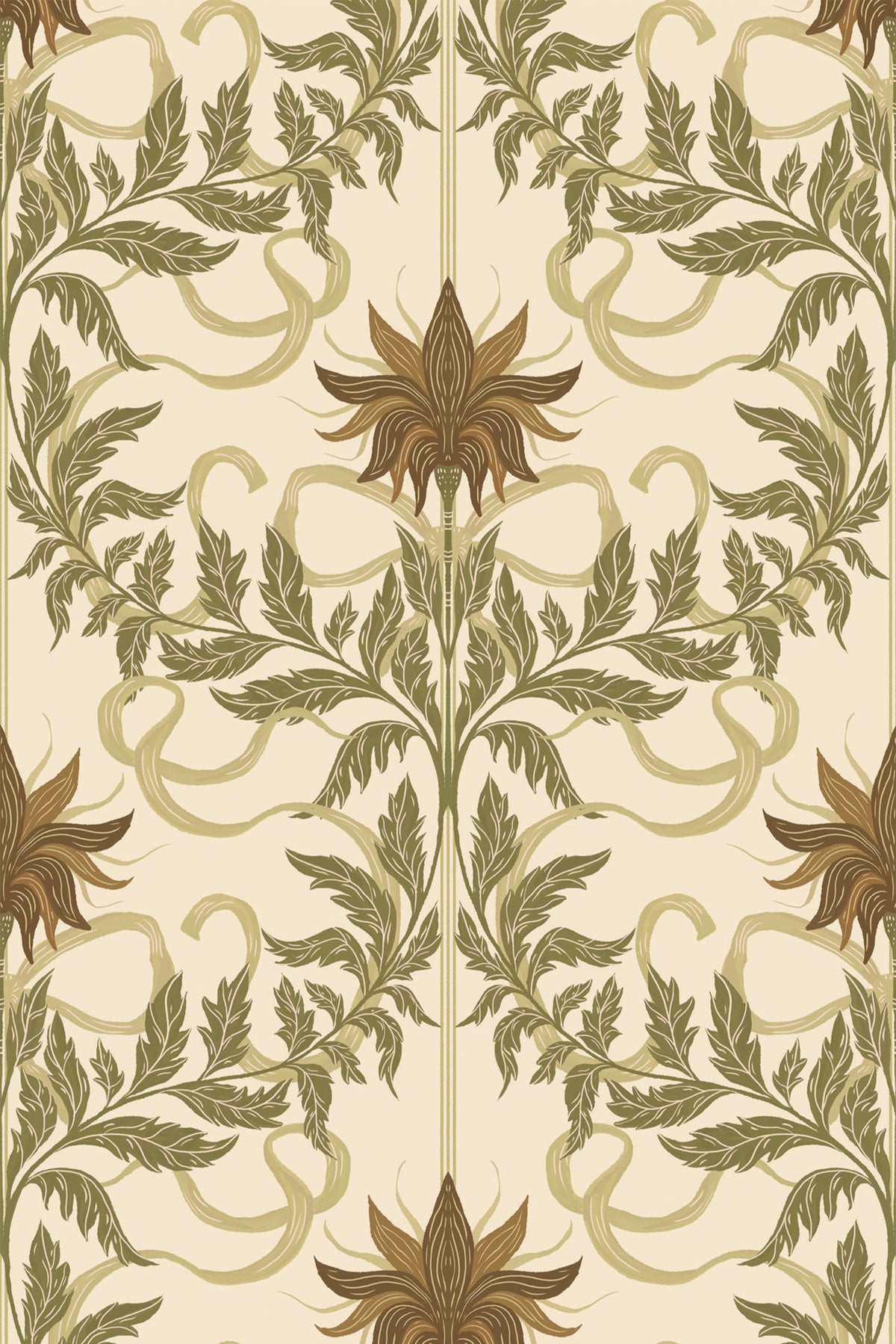 Floral Vine Damask removable wallpaper with symmetrical leafy vine damask in olive and tan on cream