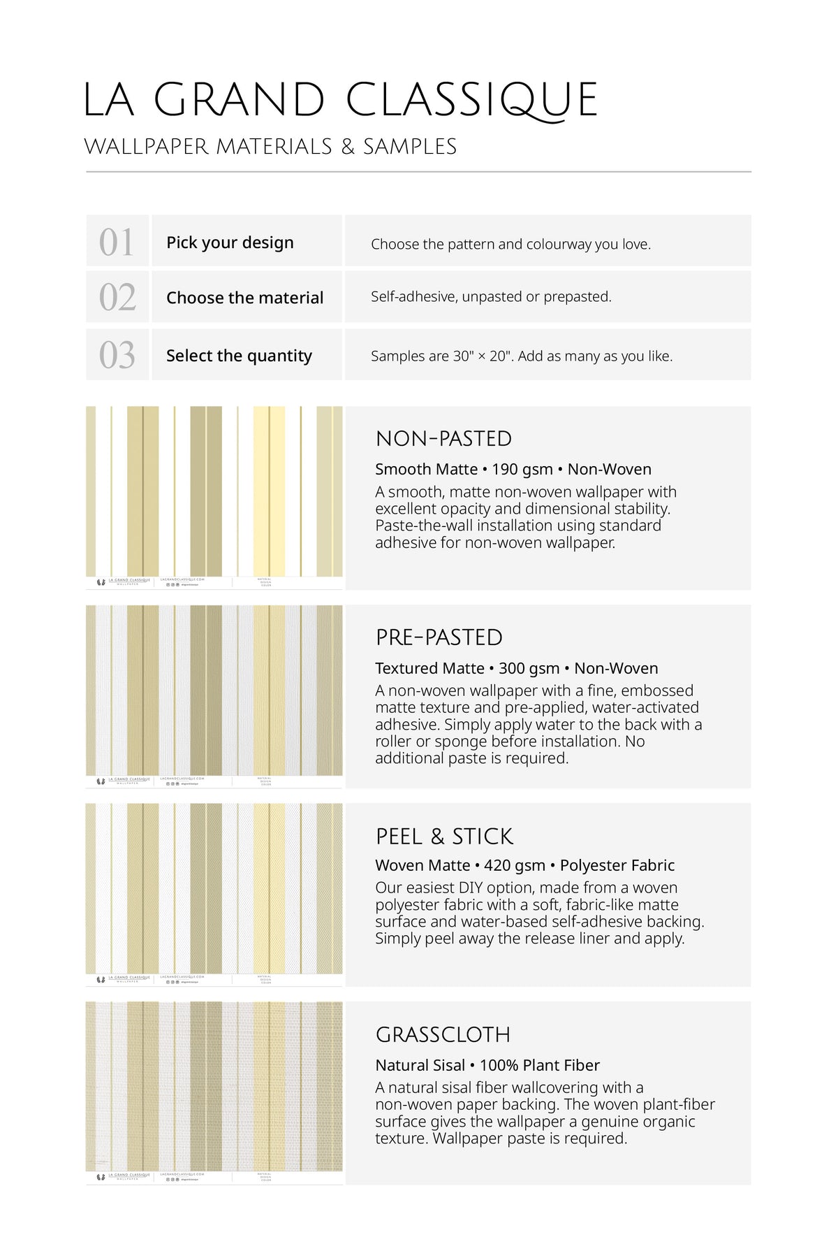 Soft Vertical Stripes pre-pasted wallpaper materials and samples chart with options for non-pasted, peel and stick.