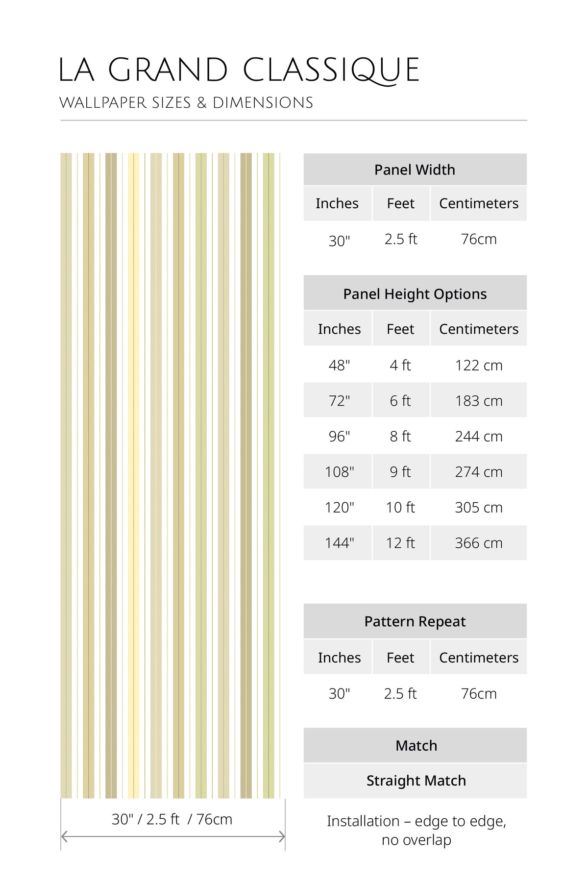 Soft Vertical Stripes non-pasted wallpaper sizes and dimensions chart with 30-inch panels and height options.