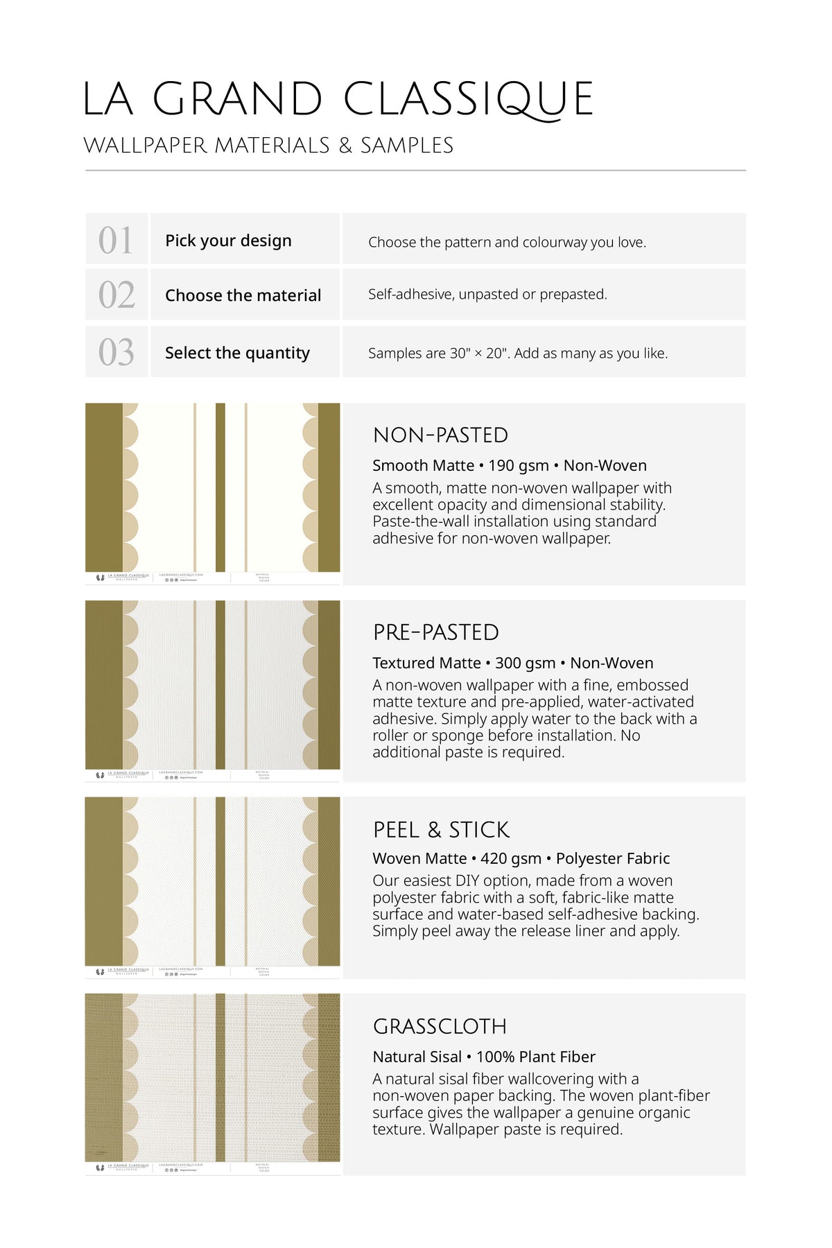 Scalloped Stripe Columns pre-pasted wallpaper material and sample chart for non-pasted, pre-pasted, peel and stick.