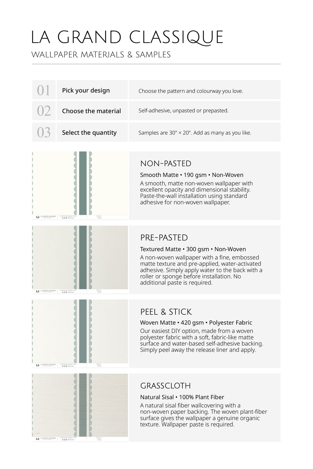 Scalloped Stripe Columns wallpaper materials and samples chart showing non-pasted, pre-pasted, peel and stick.