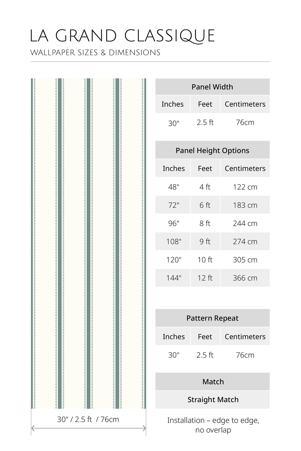 Scalloped Stripe Columns pre-pasted wallpaper size chart with 30 in. panel width and 48–144 in. height options.