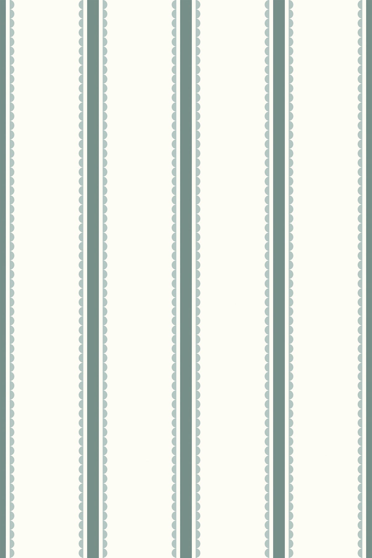 Scalloped Stripe Columns removable wallpaper with vertical sage stripes and scalloped edges on an off-white background.