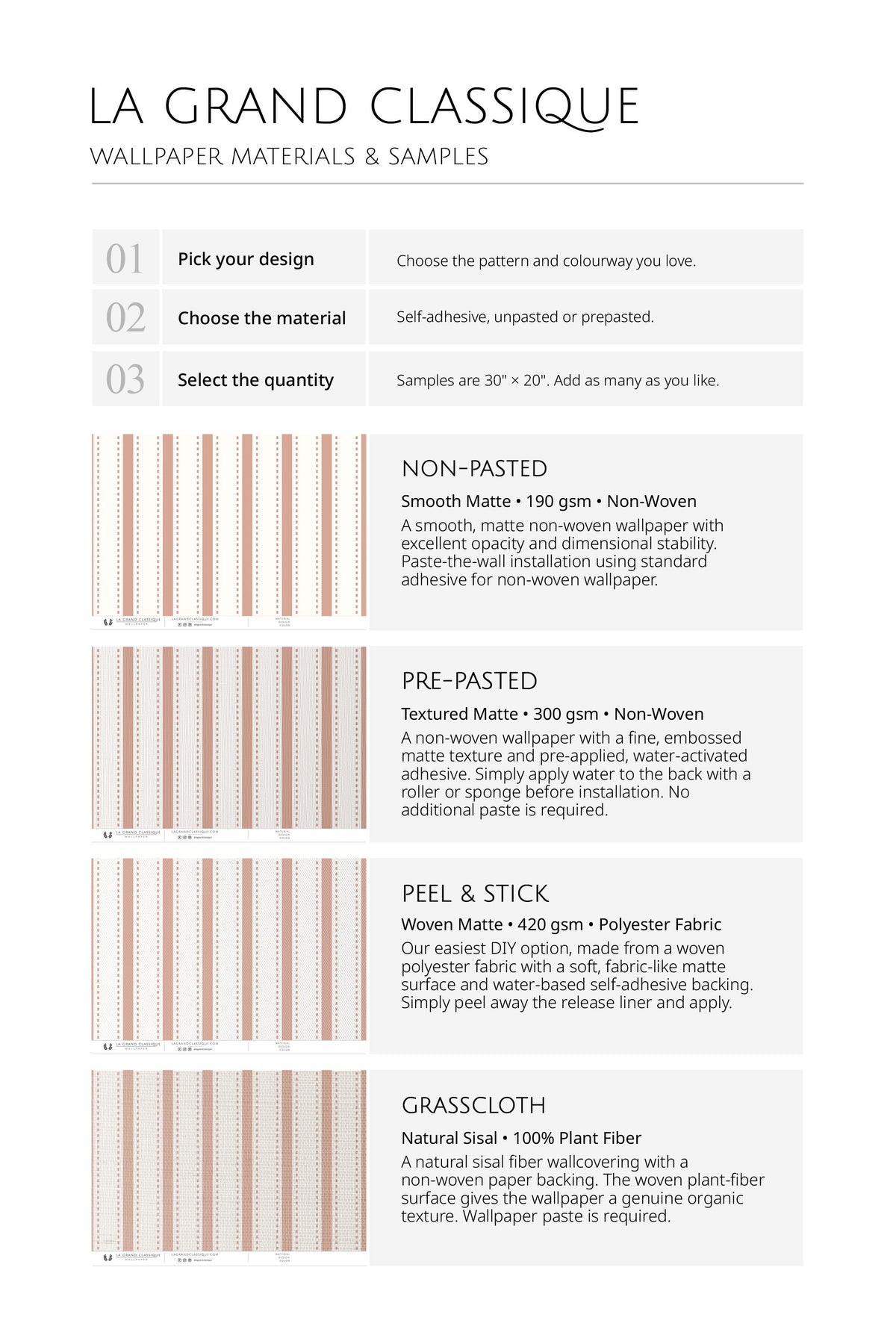 Delicate Pinstripe pre-pasted wallpaper materials and samples chart showing non-pasted, pre-pasted, peel and stick, grasscloth.