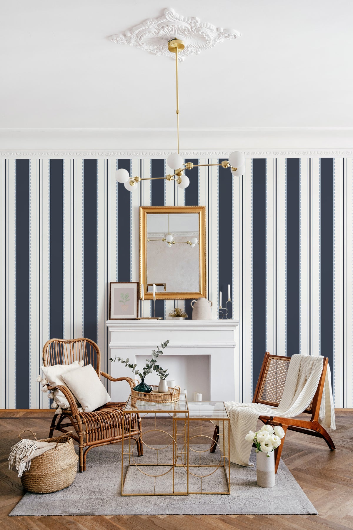 Scalloped Stripe peel-and-stick wallpaper for a living room, with navy vertical stripes and scalloped borders.