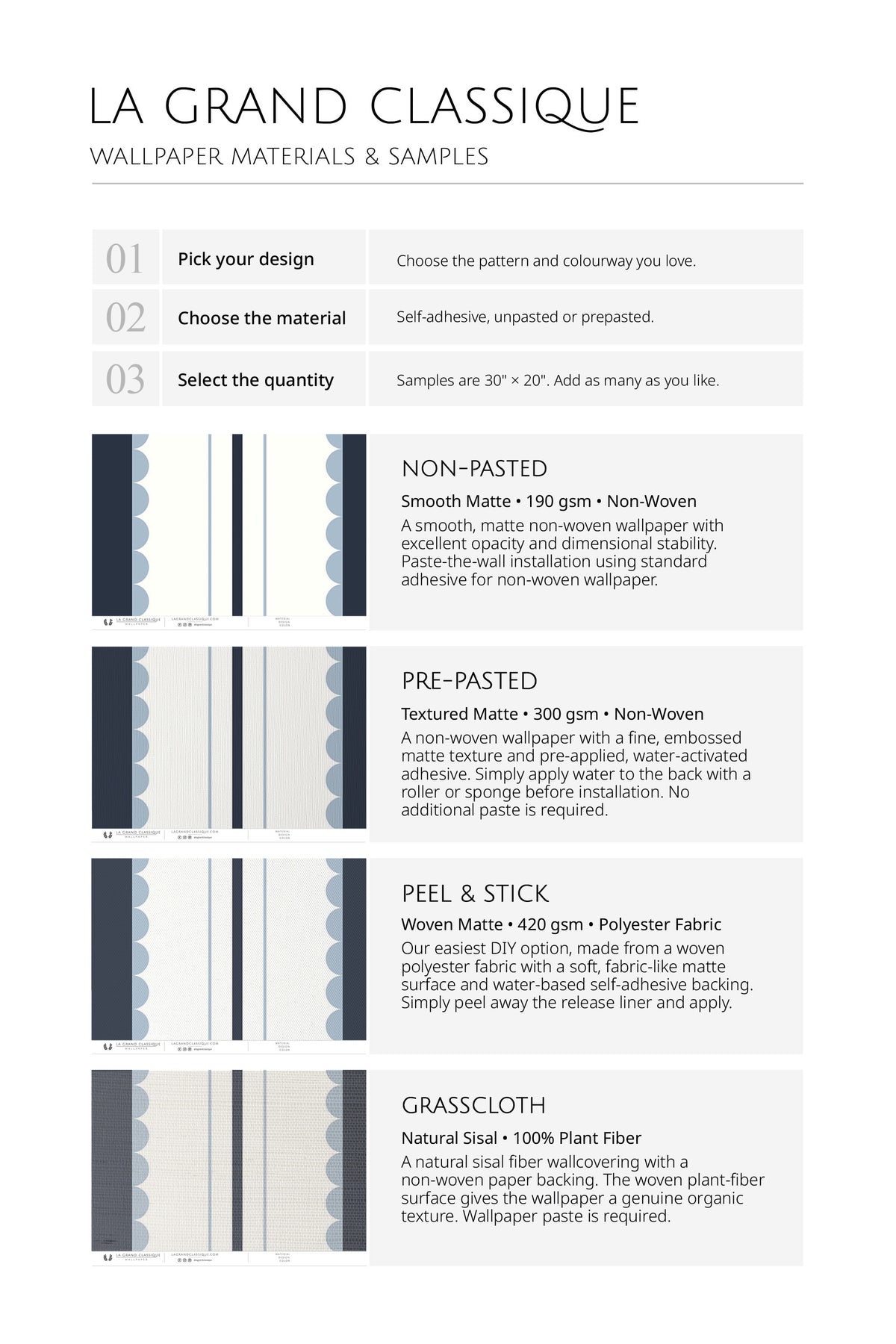 Scalloped Stripe Columns wallpaper materials and samples chart showing non-pasted, pre-pasted, and peel-and-stick.