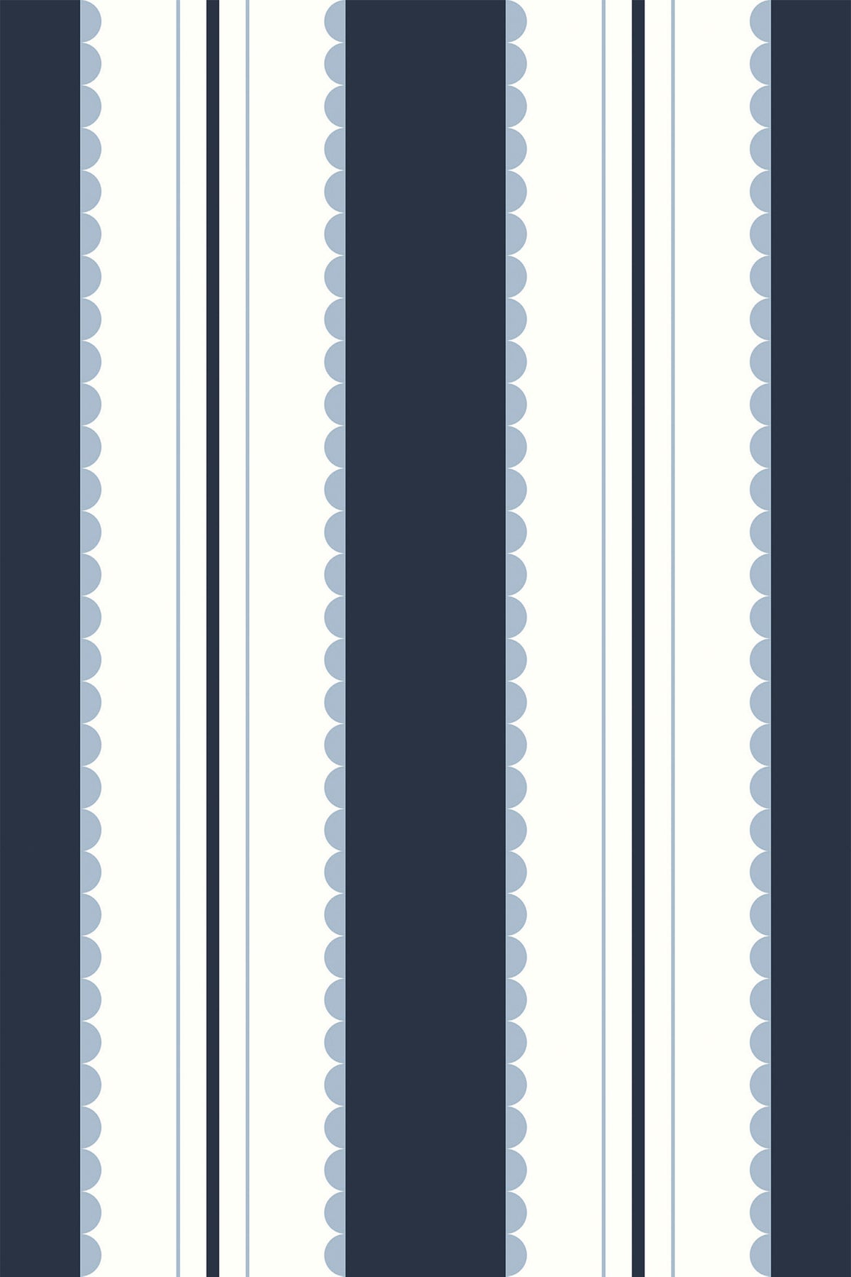 Scalloped Stripe Columns removable wallpaper pattern with navy and pale blue scalloped vertical stripes on a white background.