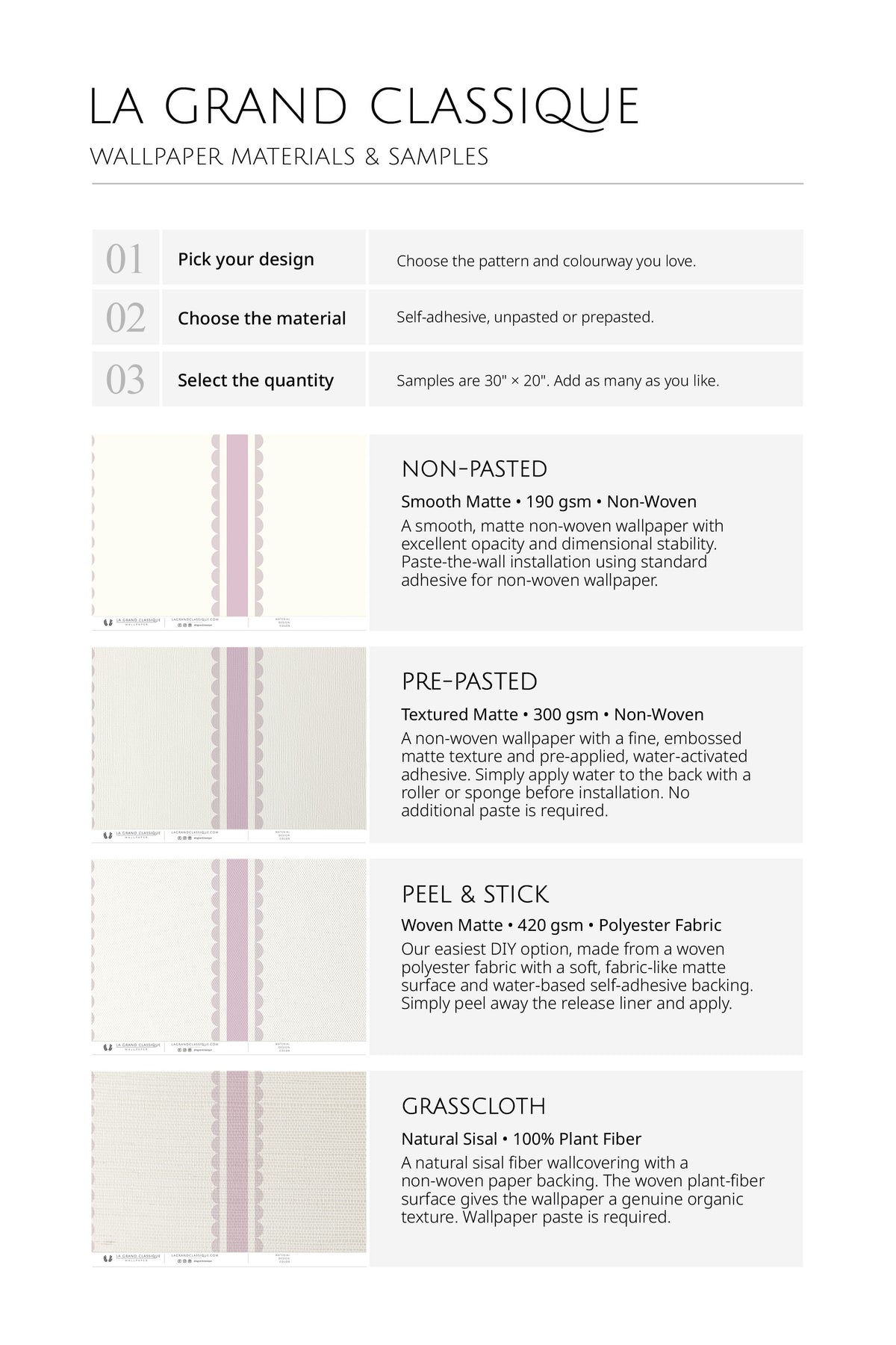 Pastel Scallop Stripes pre-pasted wallpaper material options guide showing non-pasted, pre-pasted, and peel-and-stick.