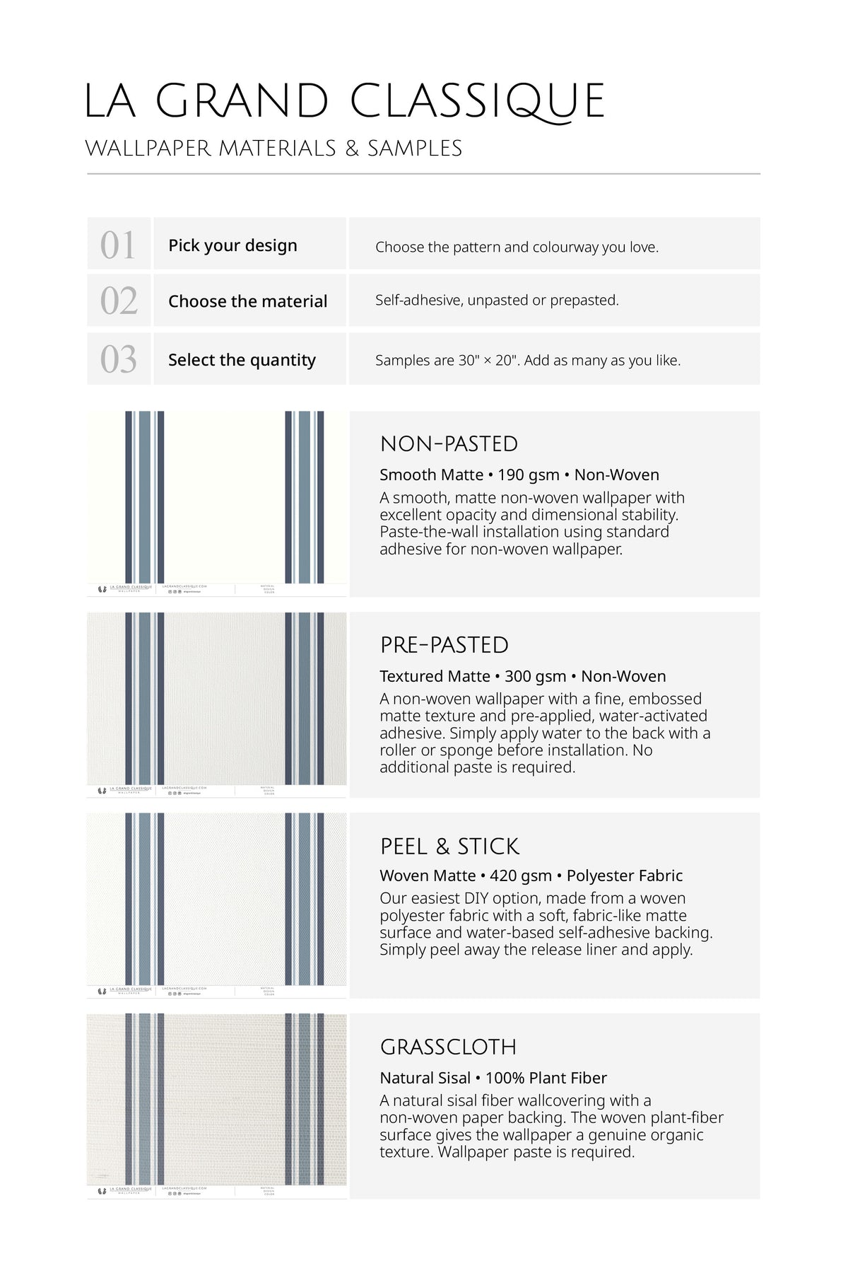 Classic Striped Columns wallpaper material guide showing non-pasted, pre-pasted, peel and stick, grasscloth.