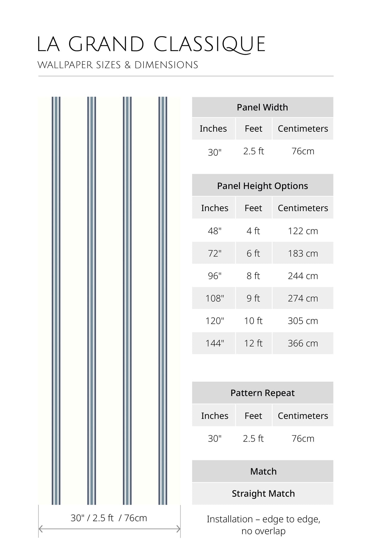 Classic Striped Columns non-pasted wallpaper sizing chart showing 30 in panel width and height options.