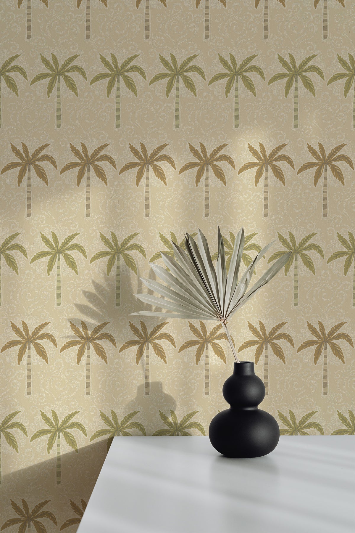 Whimsical Palm Trees peel and stick wallpaper on an interior wall with olive palms and tan swirls on beige.