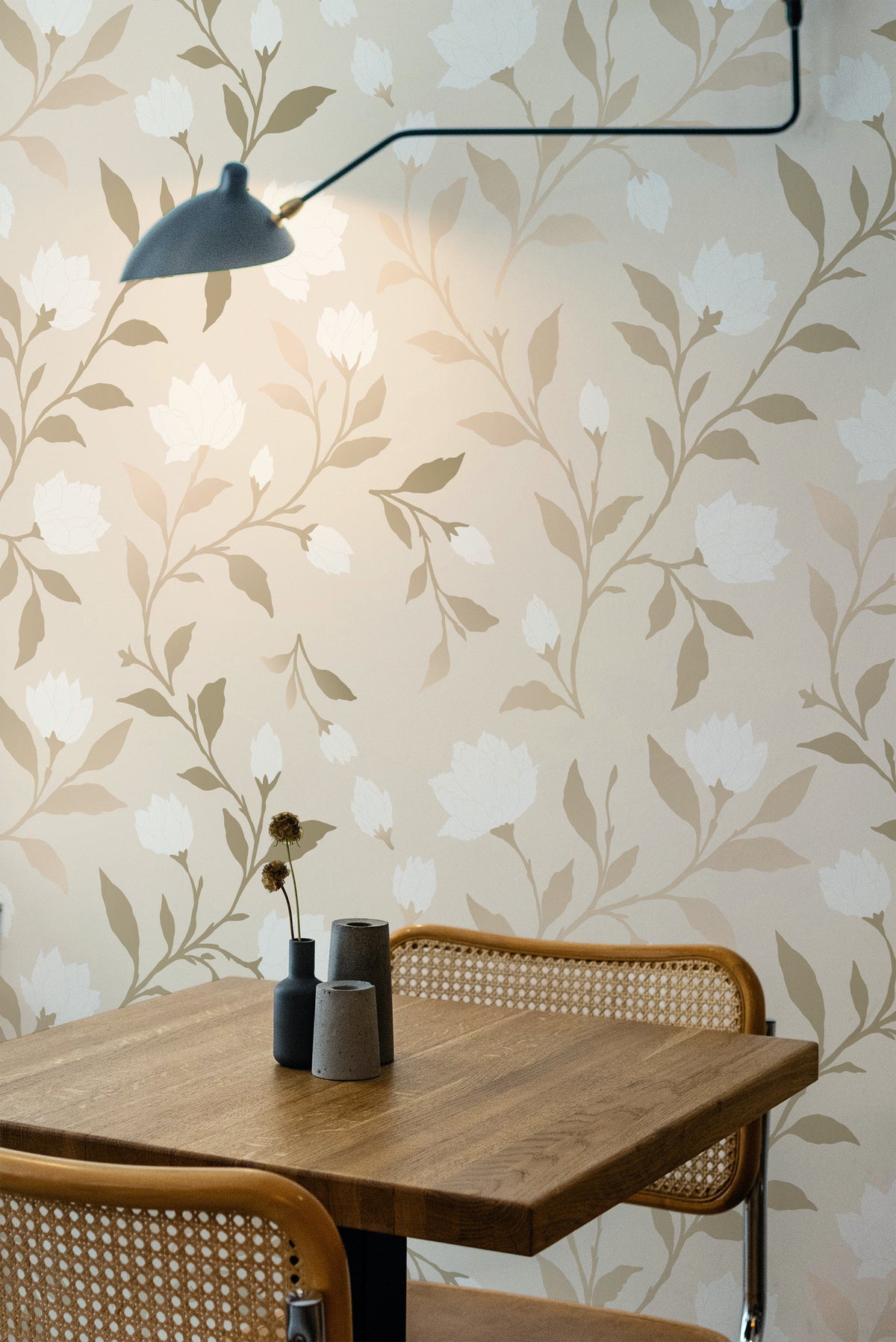 Soft Floral Vines peel and stick wallpaper in a dining room, with pale floral vines on a warm neutral ground.