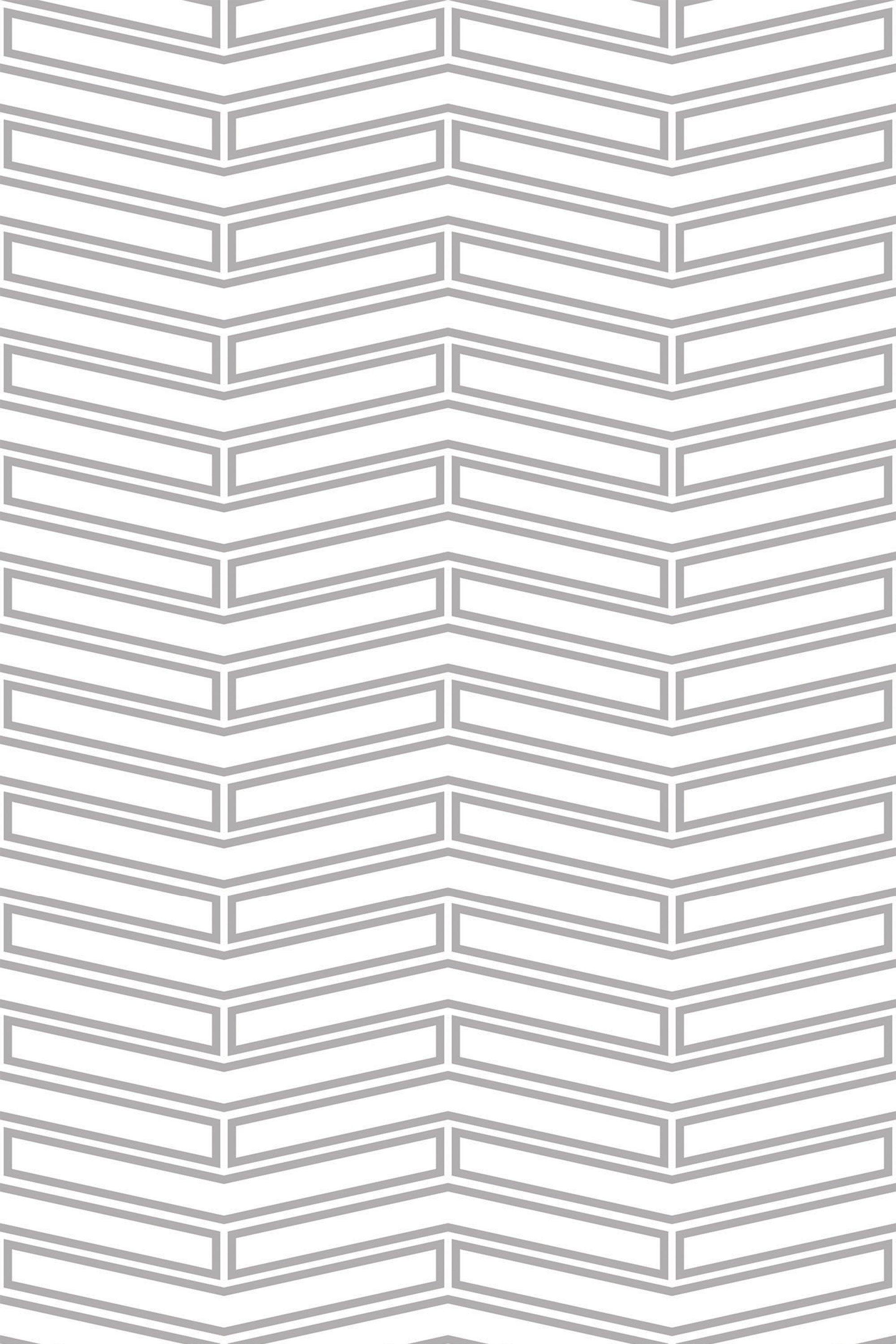 A neutral, gray and white Scandinavian herringbone pattern formed by repeating chevron shapes in alternating directions gives a clean, modern look. Peel and stick removable wallpaper.