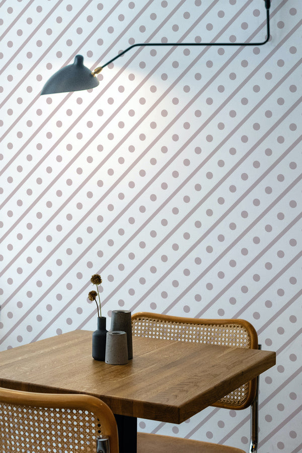 wooden dining table rattan chairs lines and dots peel and stick wallpaper