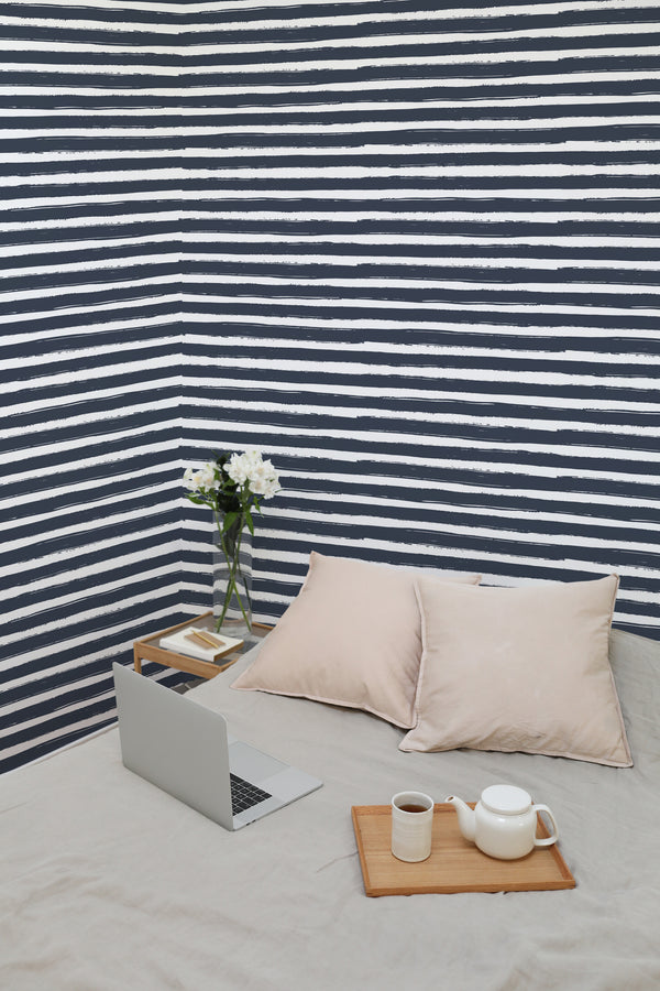 temporary wallpaper painted brush lines pattern cozy romantic bedroom interior