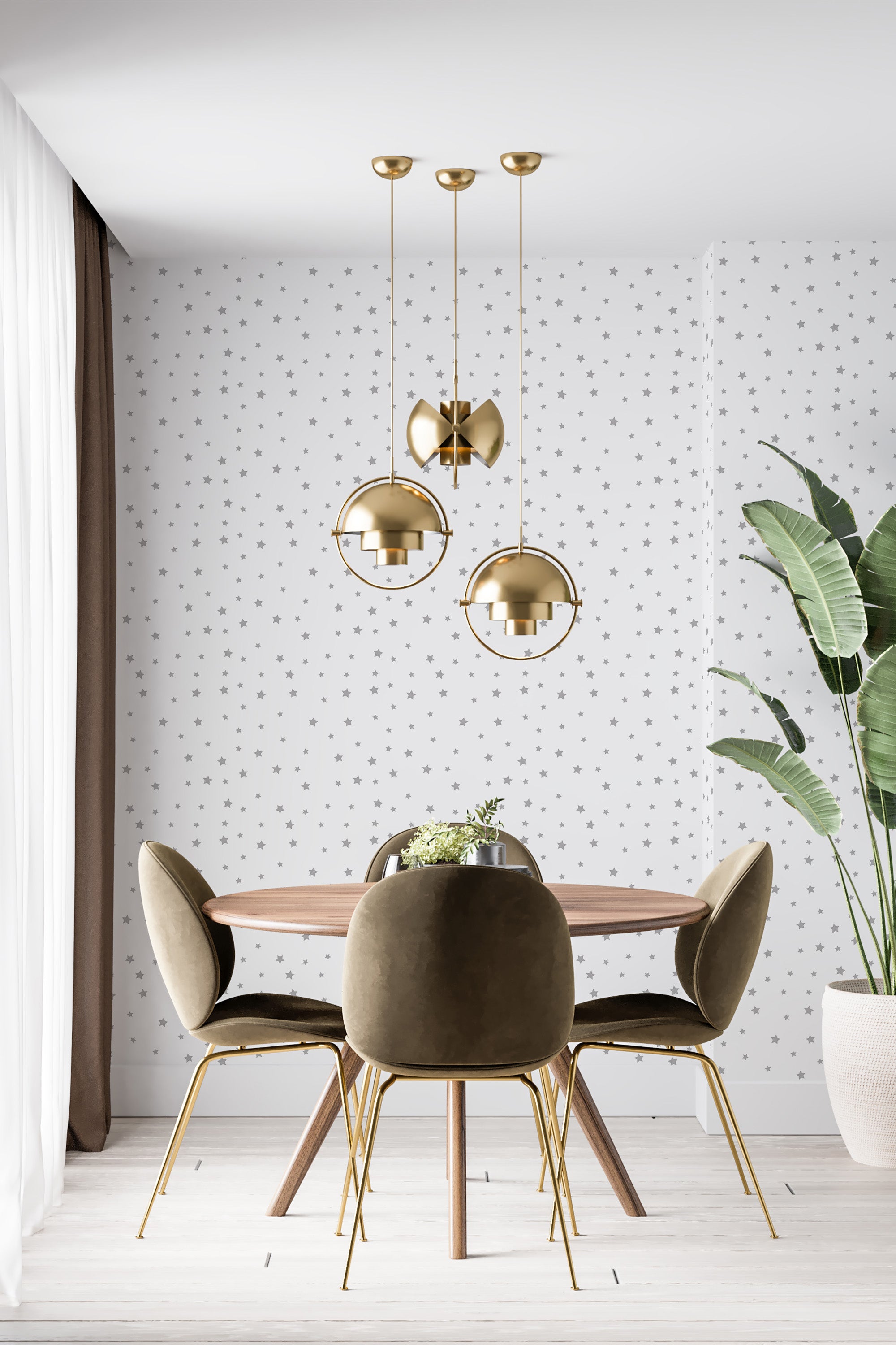 An elegant room with minimalistic star-patterned wallpaper in soft gray on a white background, pairing modern simplicity with subtle charm. Traditional wallpaper.