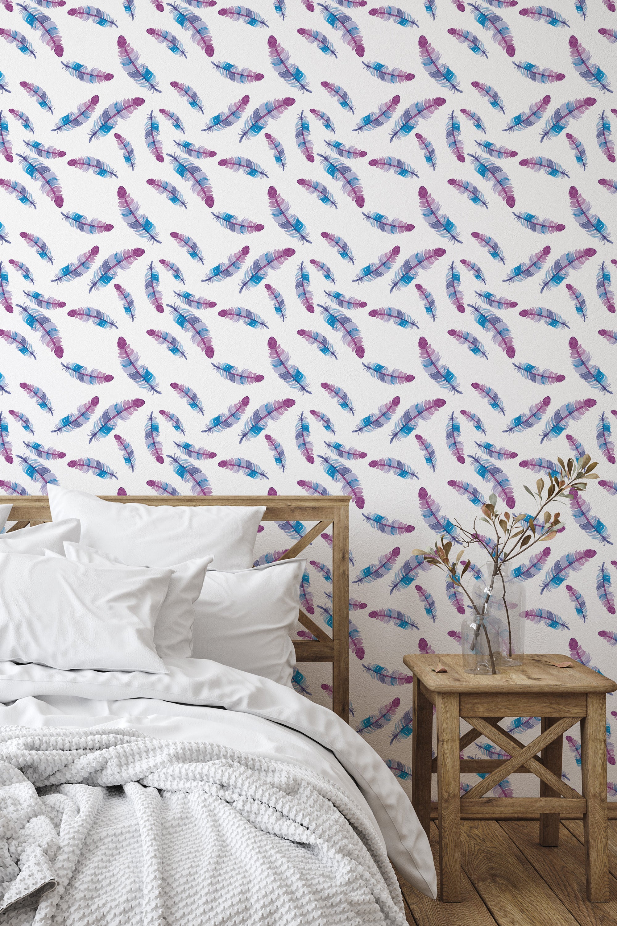 Self-adhesive wallpaper with a scattered pattern of watercolor feathers in shades of blue, purple, and pink on a white background.
