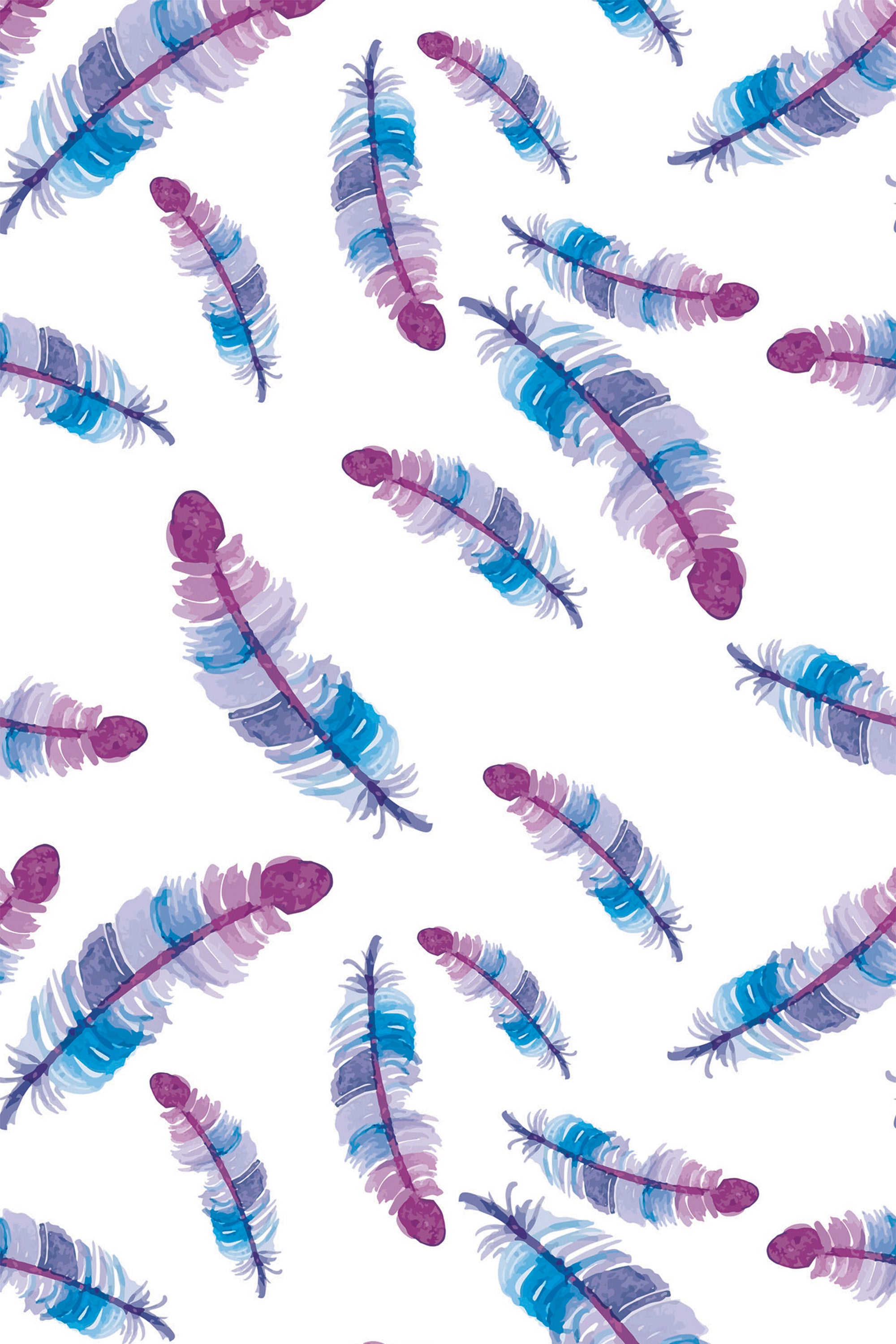 Watercolor feather design with vibrant shades of blue, purple, and pink feathers scattered on a white background, peel and stick removable wallpaper.