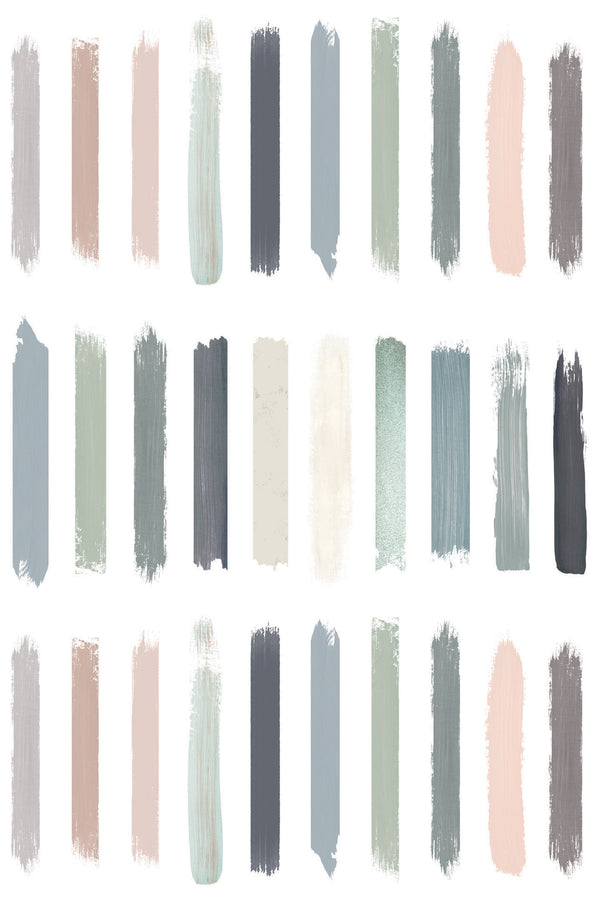 Pastel brush strokes arranged in vertical rows with shades of pink, blue, green, and cream on a white background, creating a soft, artistic pattern. Peel and stick removable wallpaper.