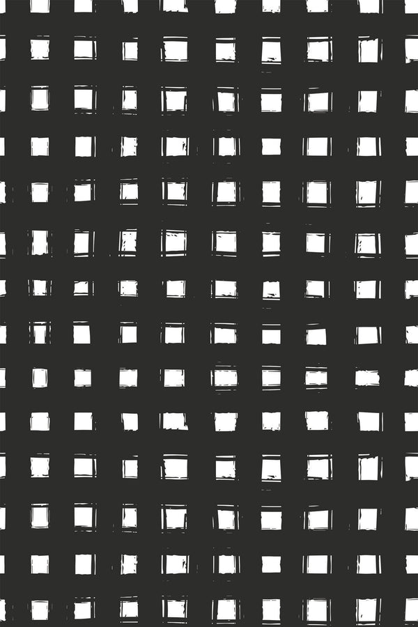 A hand-painted grid pattern in black, with slightly uneven lines creating squares on a white background. Peel and stick removable wallpaper.