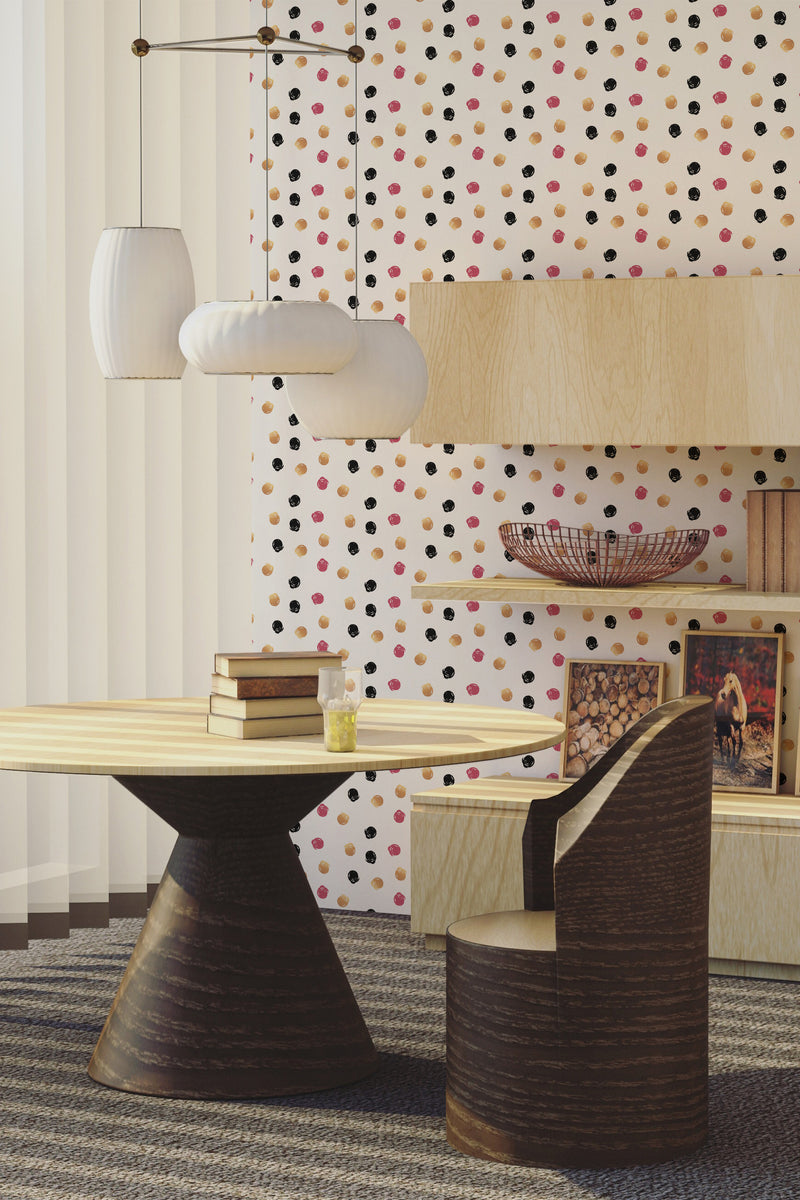 Wallpaper with a pattern of colorful dots in shades of pink, orange, and black, scattered evenly across a white background. The dots are small and uniformly spaced, creating a playful and vibrant look, all on traditional wallpaper.