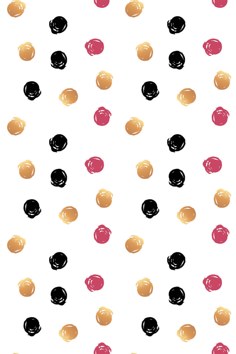 A pattern of scattered, hand-painted dots in black, gold, and pink on a white background, peel and stick removable wallpaper.