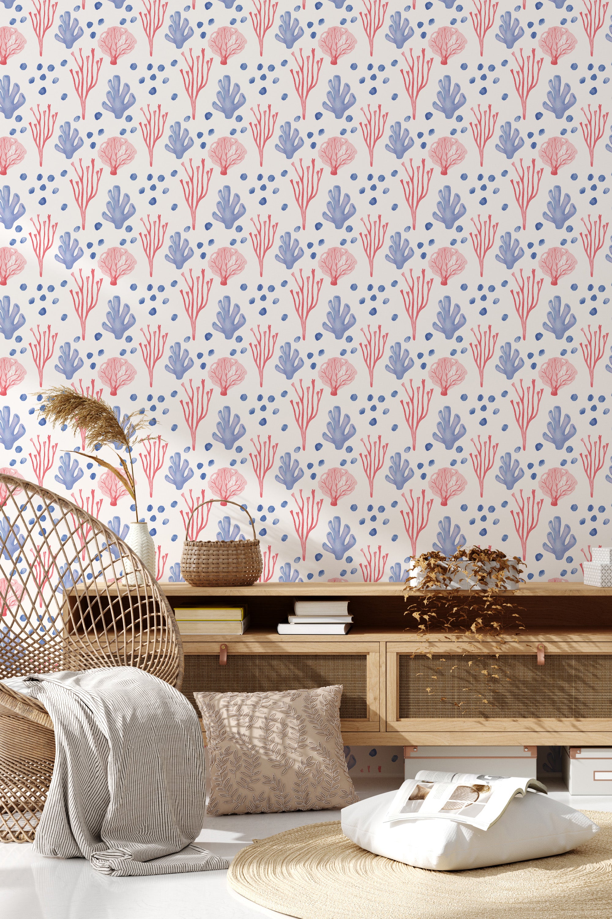A wallpaper with a delicate pattern of blue and coral watercolor coral reef illustrations set against a light background, traditional wallpaper.