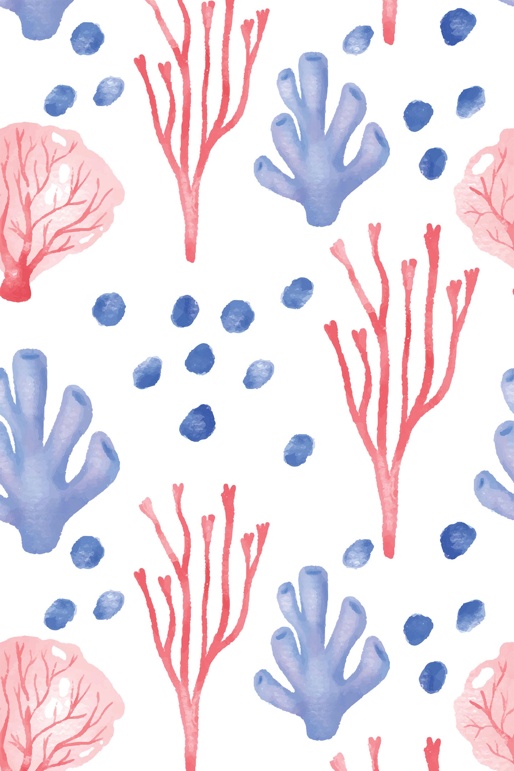 Coral reef-inspired design with hand-painted blue and pink coral branches, sea sponges, and scattered blue bubbles in a repeating pattern on a white background, peel and stick removable wallpaper.