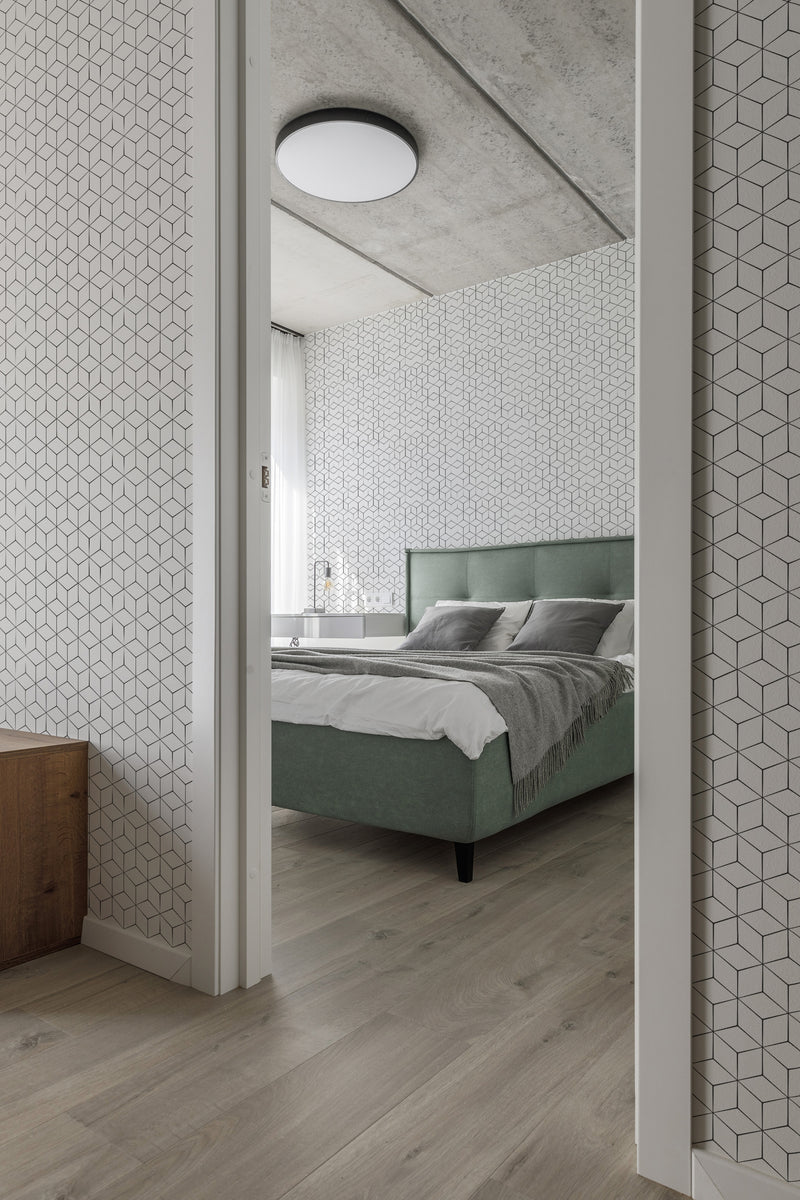 modern bedroom cushions concrete ceiling hexagonal tile accent wall
