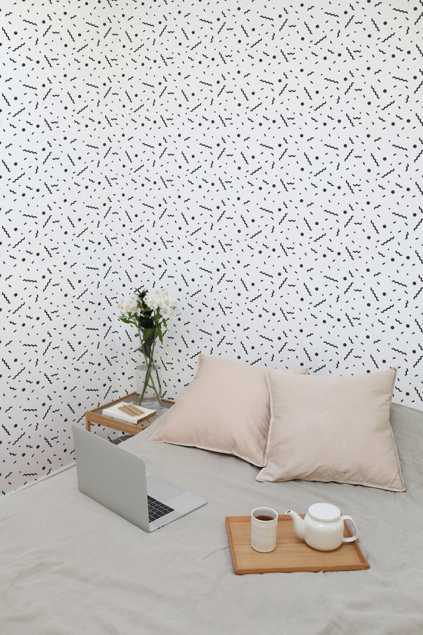 temporary wallpaper memphis style pattern cozy romantic bedroom interior