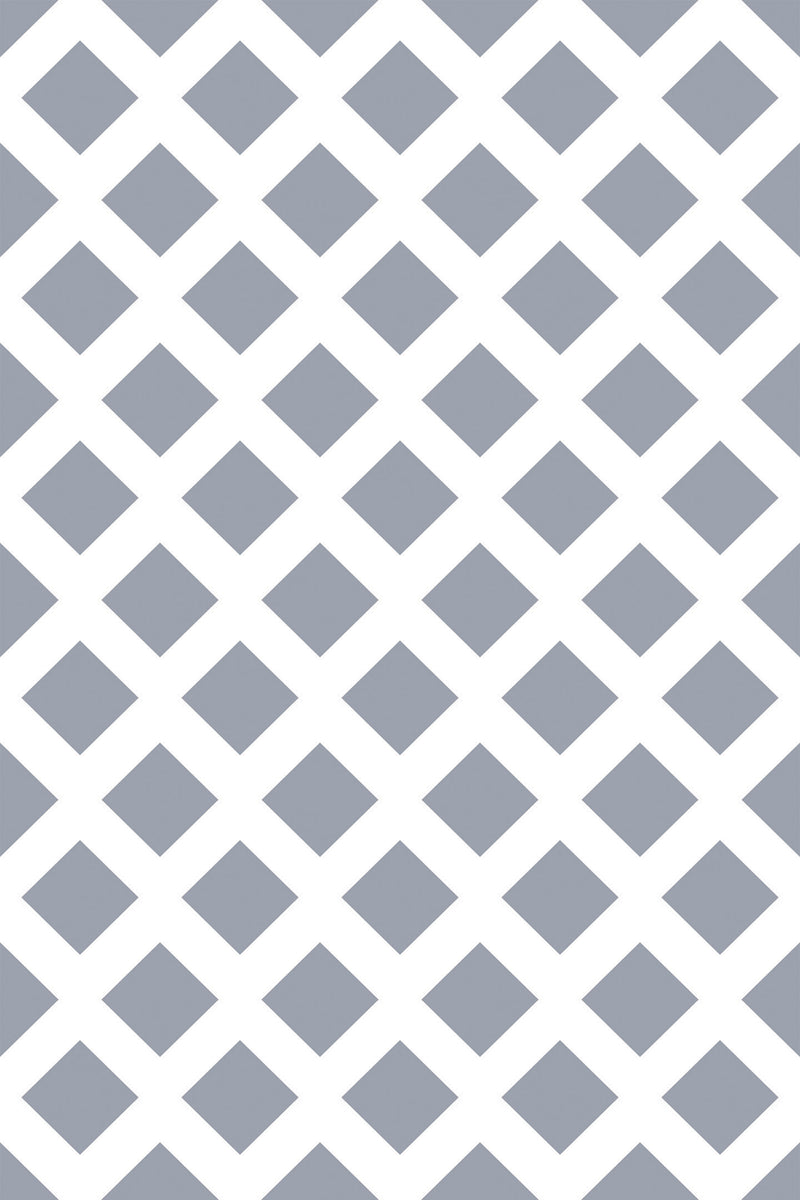 A repeating pattern of gray squares arranged in a grid, interwoven with white diamond shapes creating a geometric design. Peel and stick removable wallpaper.