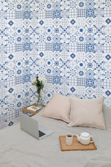 temporary wallpaper blue tile collection pattern cozy romantic bedroom interior